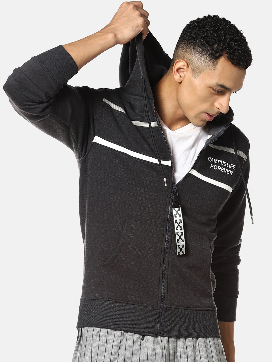 

Campus Sutra Men Charcoal Grey Hooded Cotton Front-Open Sweatshirt