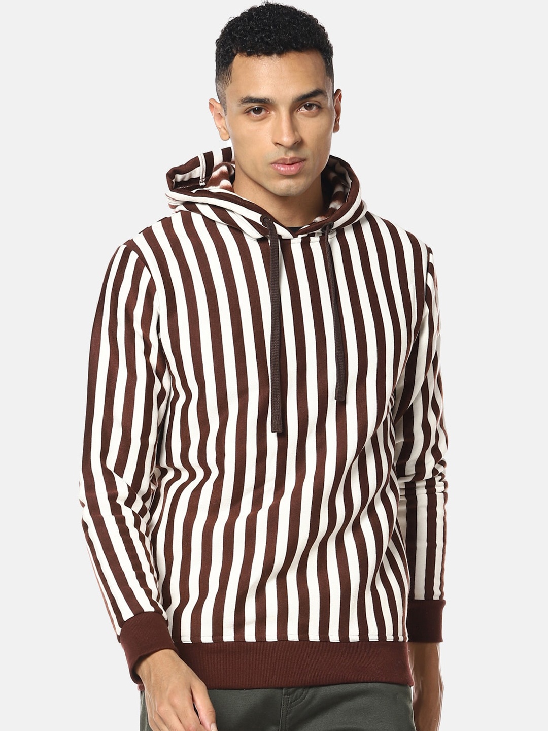 

Campus Sutra Men Brown Striped Hooded Sweatshirt