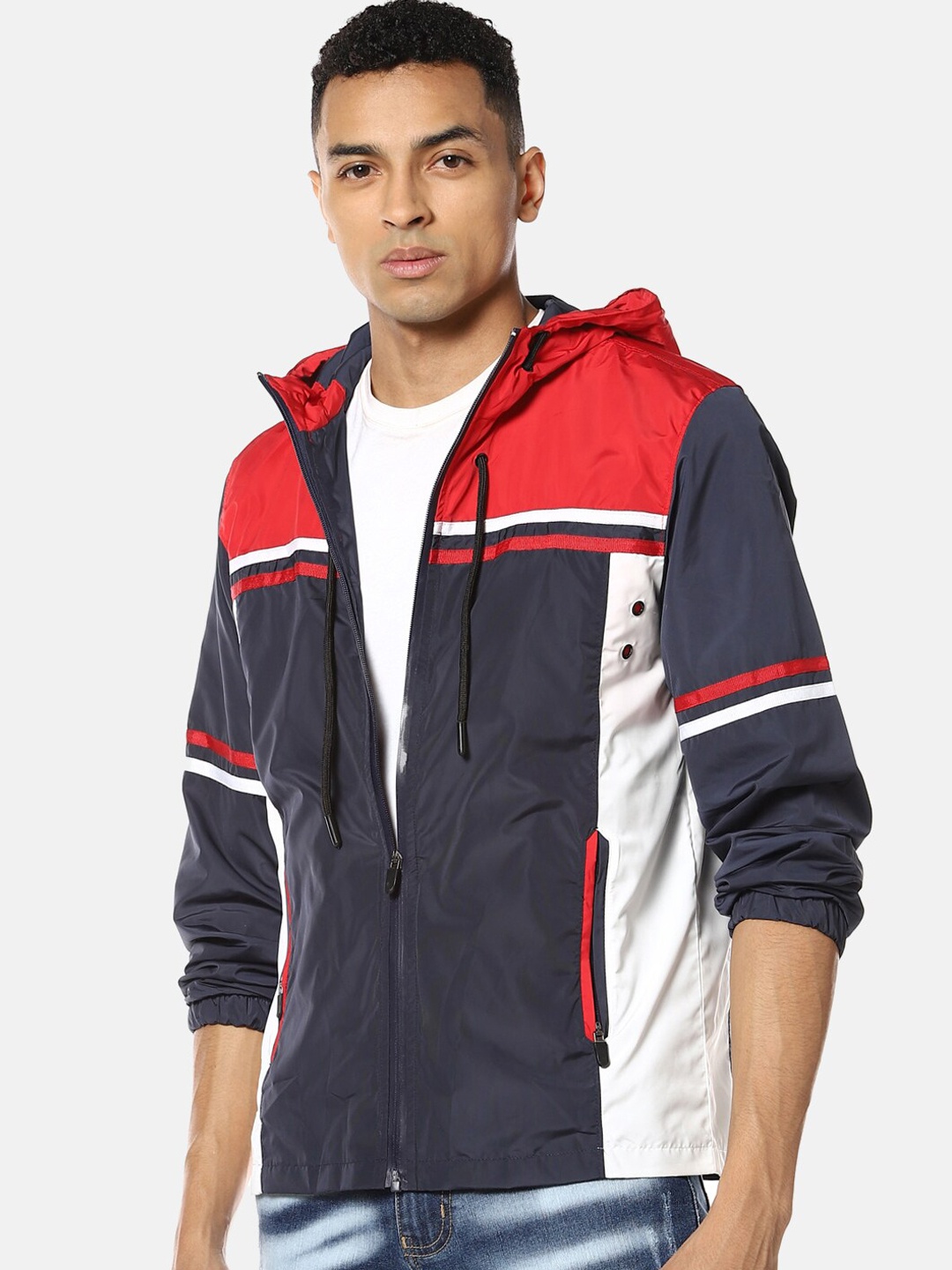 

Campus Sutra Men Blue Red Colourblocked Bomber Jacket