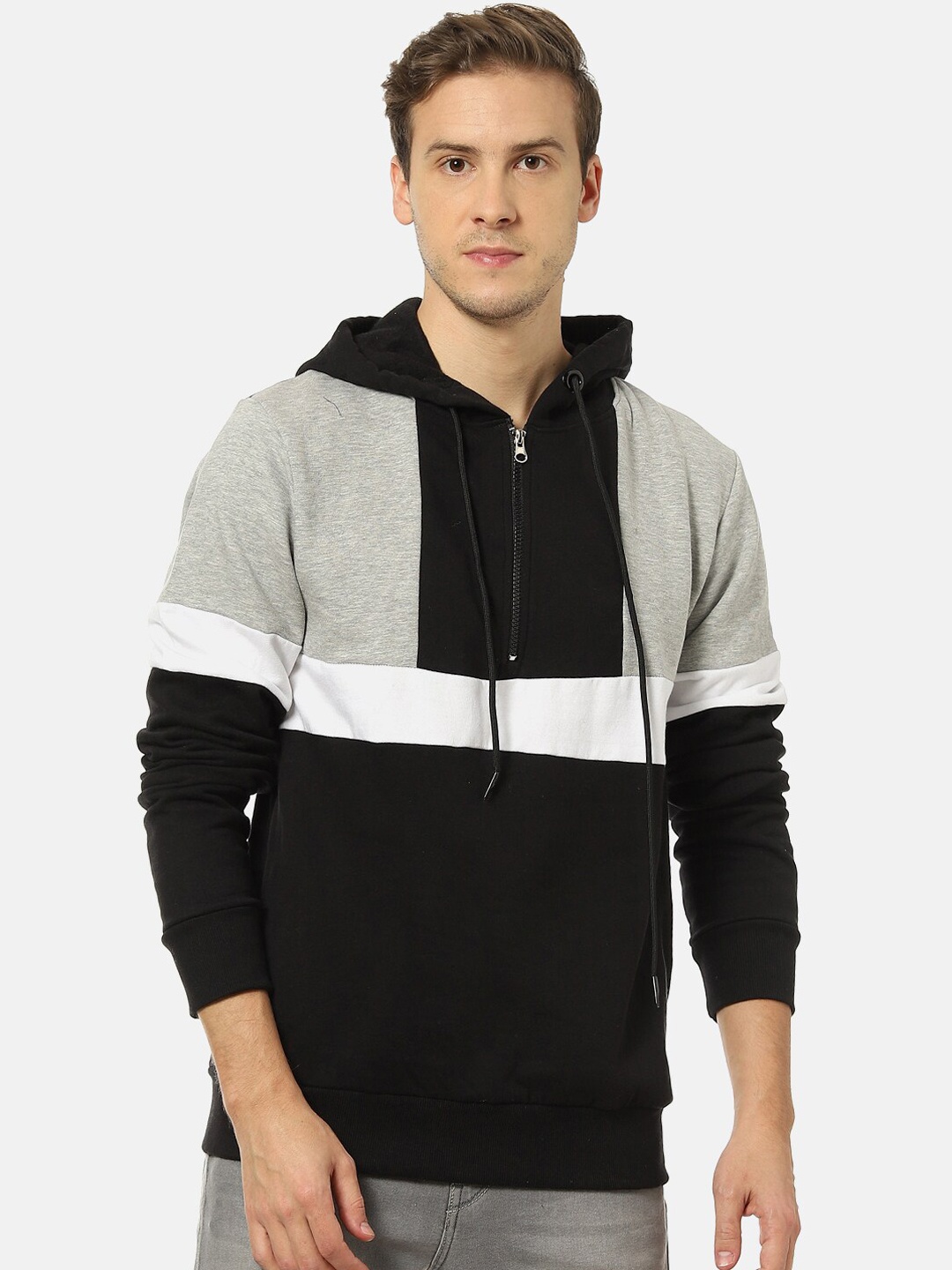 

Campus Sutra Men Black Colourblocked Hooded Sweatshirt