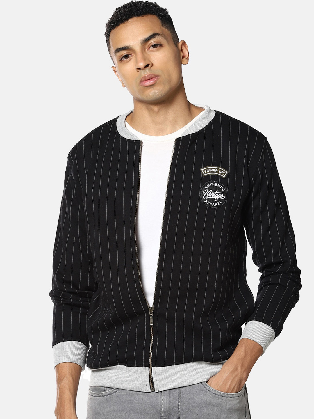 

Campus Sutra Men Black Striped Windcheater Bomber with Patchwork Jacket