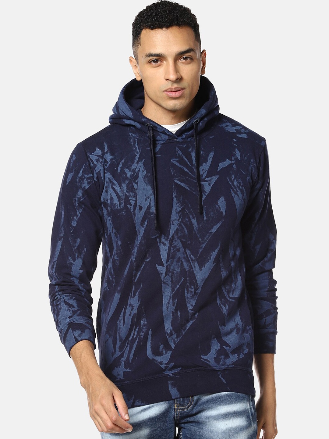 

Campus Sutra Men Navy Blue & Black Abstract Printed Pullover Hooded Sweatshirt