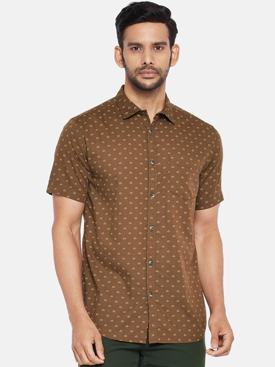 

BYFORD by Pantaloons Men Pure Cotton Brown Slim Fit Printed Casual Shirt