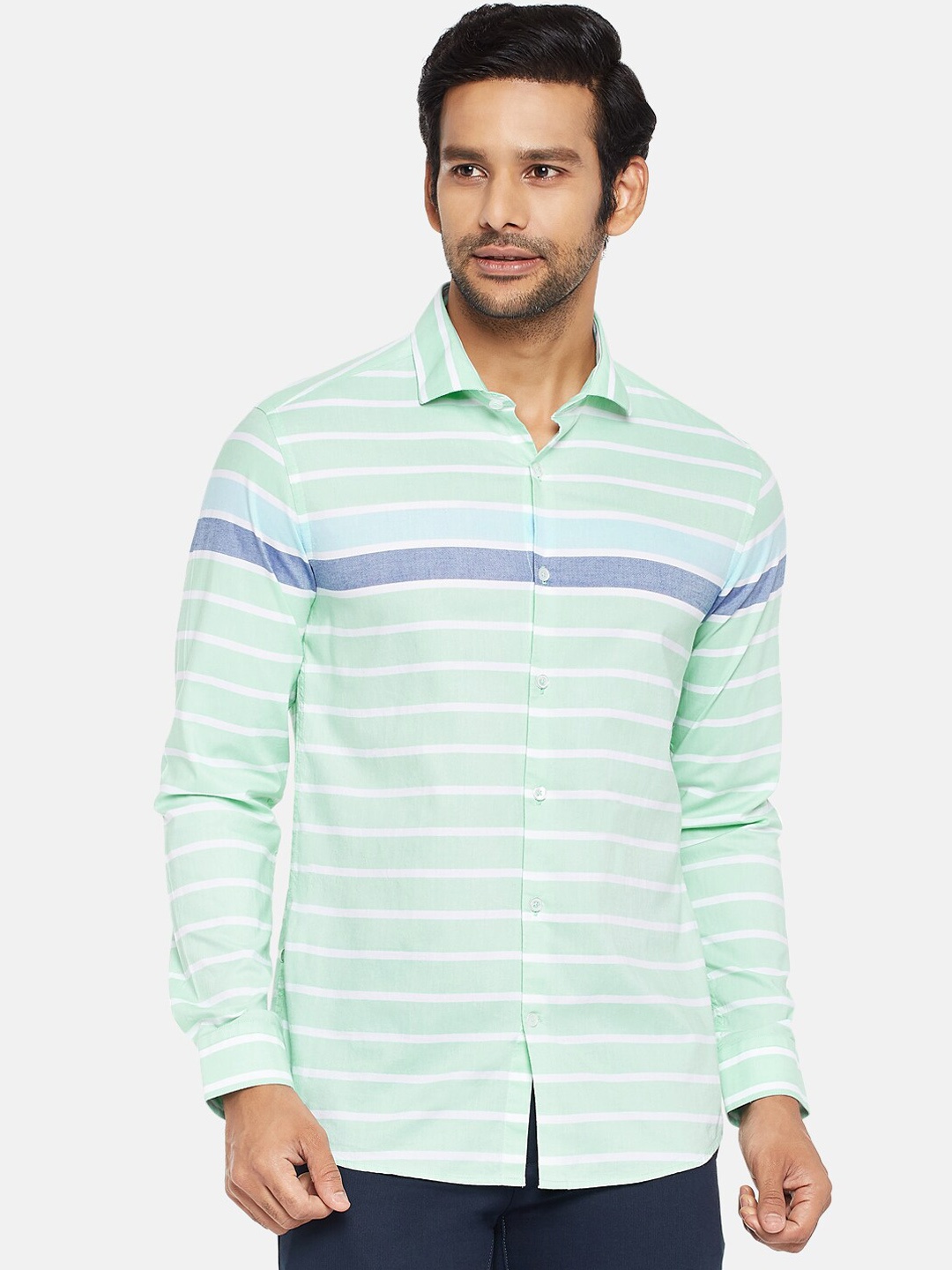 

BYFORD by Pantaloons Men Sea Green Slim Fit Horizontal Stripes Striped Pure Cotton Shirt