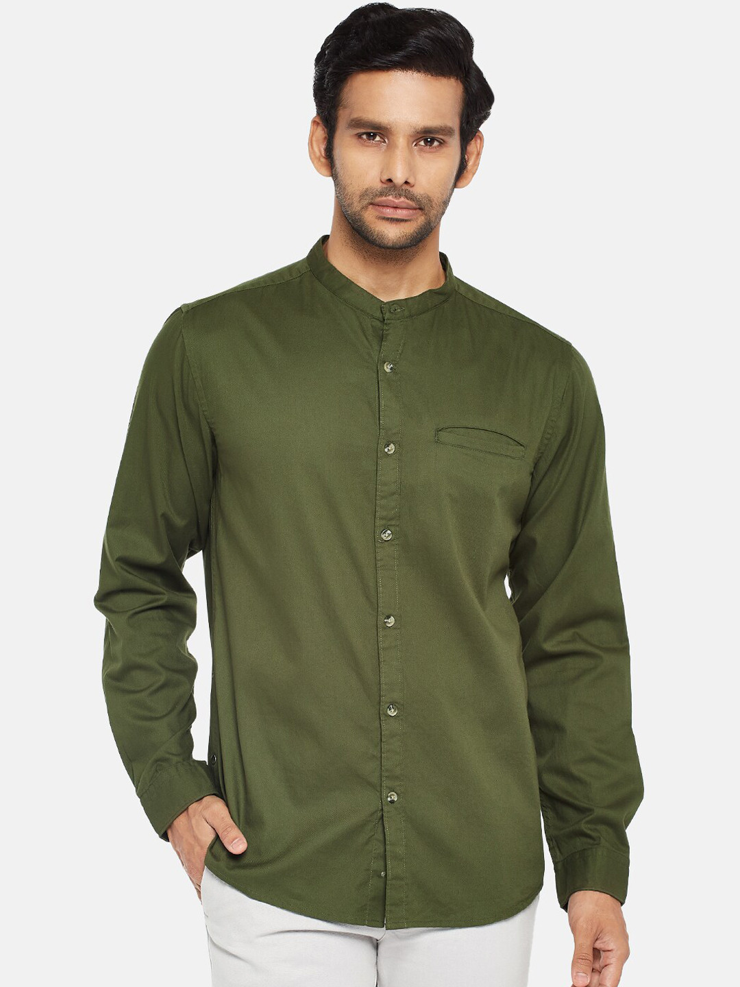 

BYFORD by Pantaloons Men Olive Green Slim Fit Casual Shirt