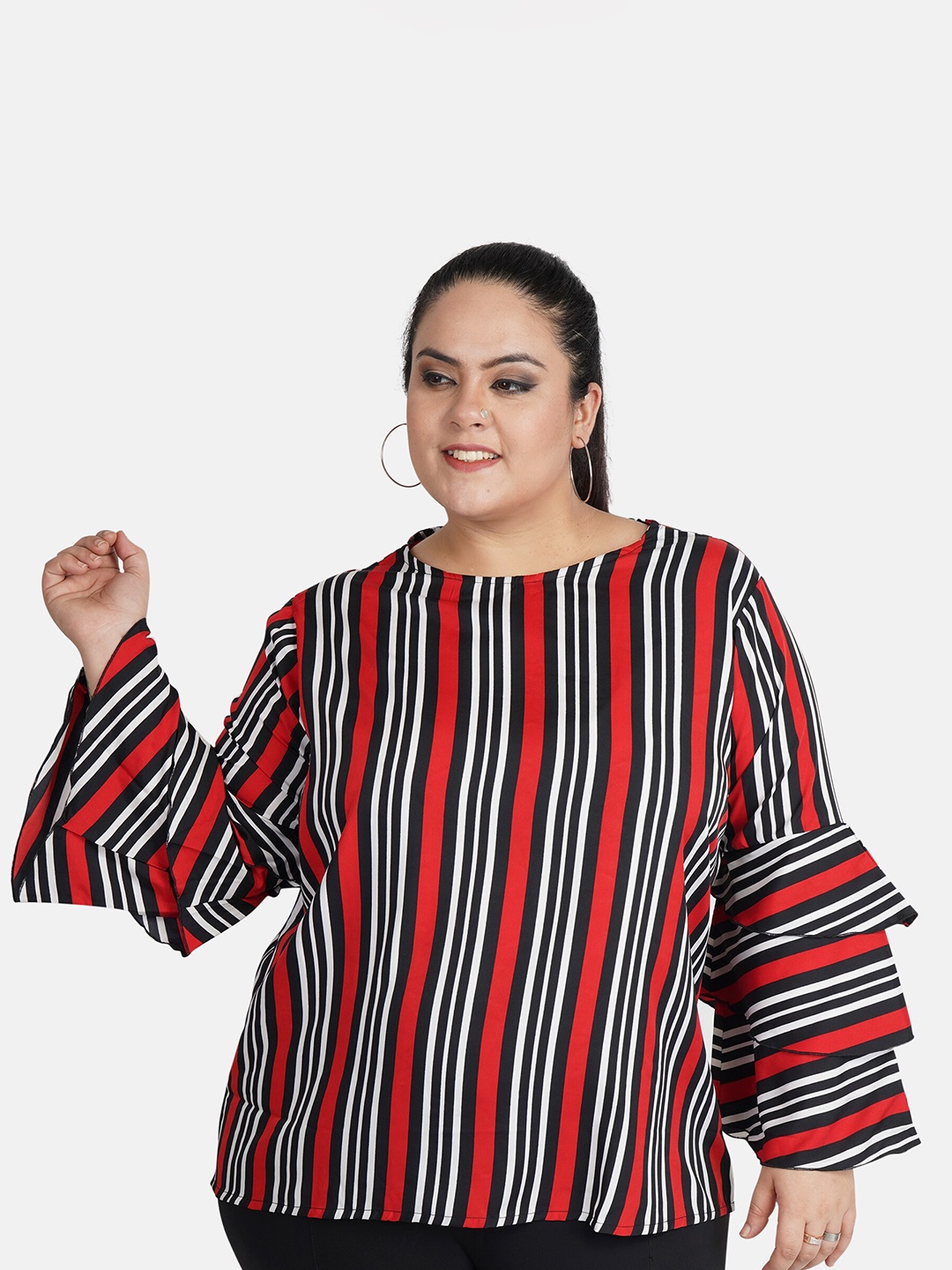 

Indietoga Red & Black Striped Bell Sleeve Layered Crepe Regular Top