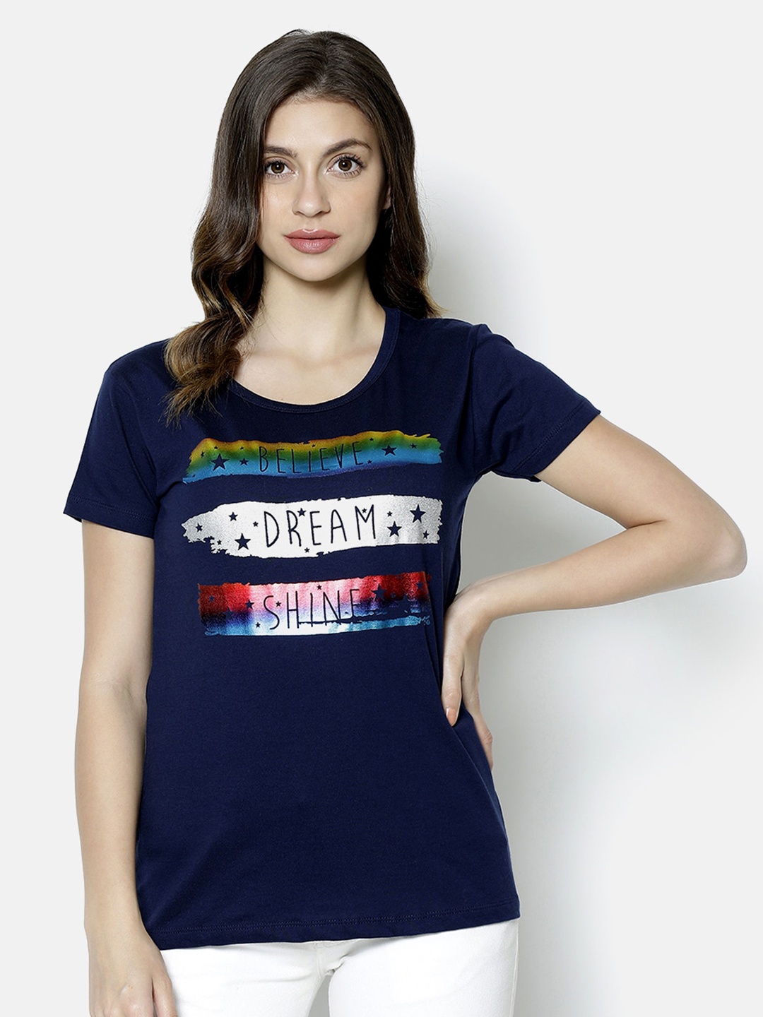 

V2 Value & Variety Navy Blue Printed Regular Top