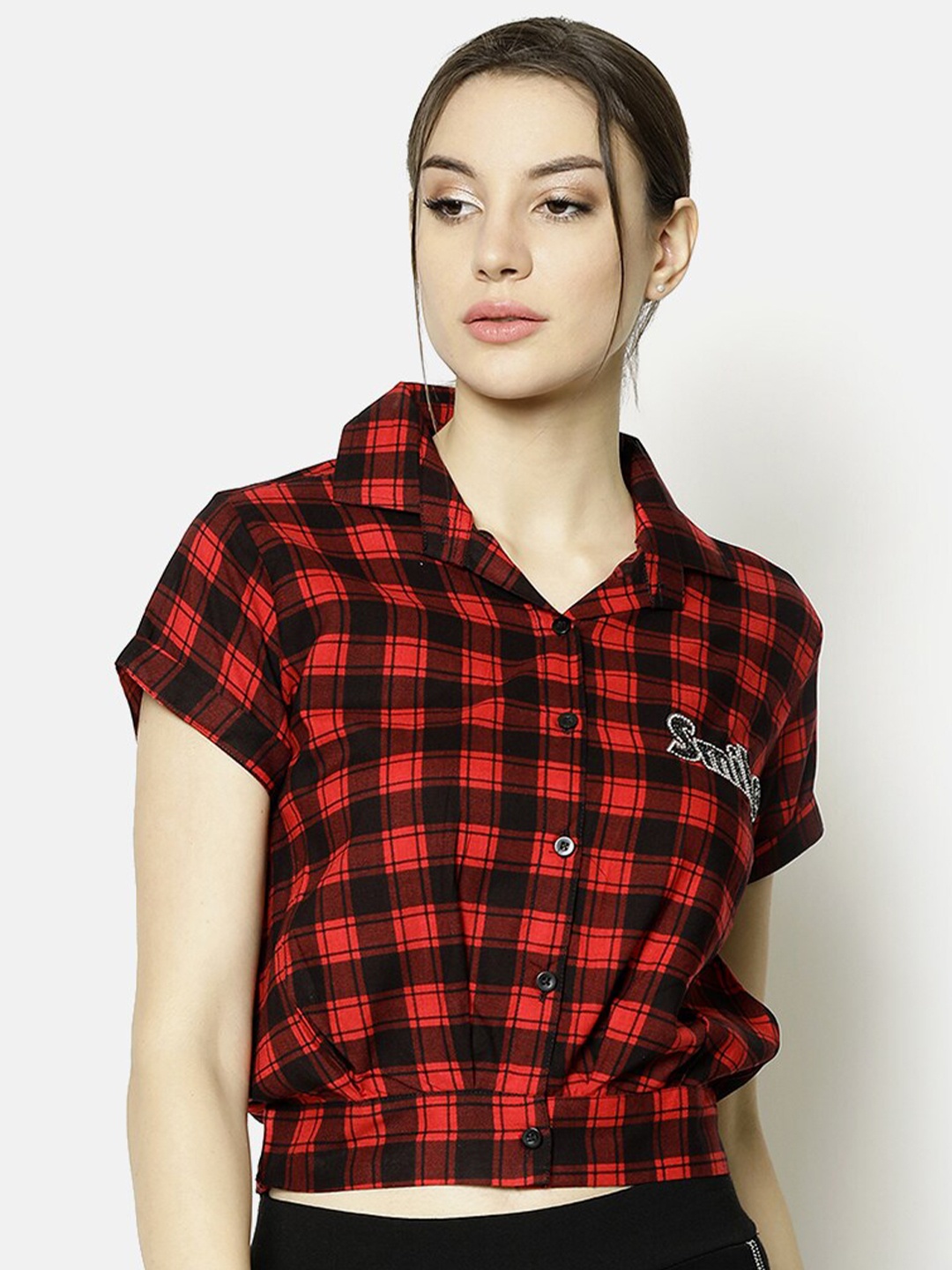 

V2 Value & Variety Women Red & Black Checked Studded Crop Blouson Top