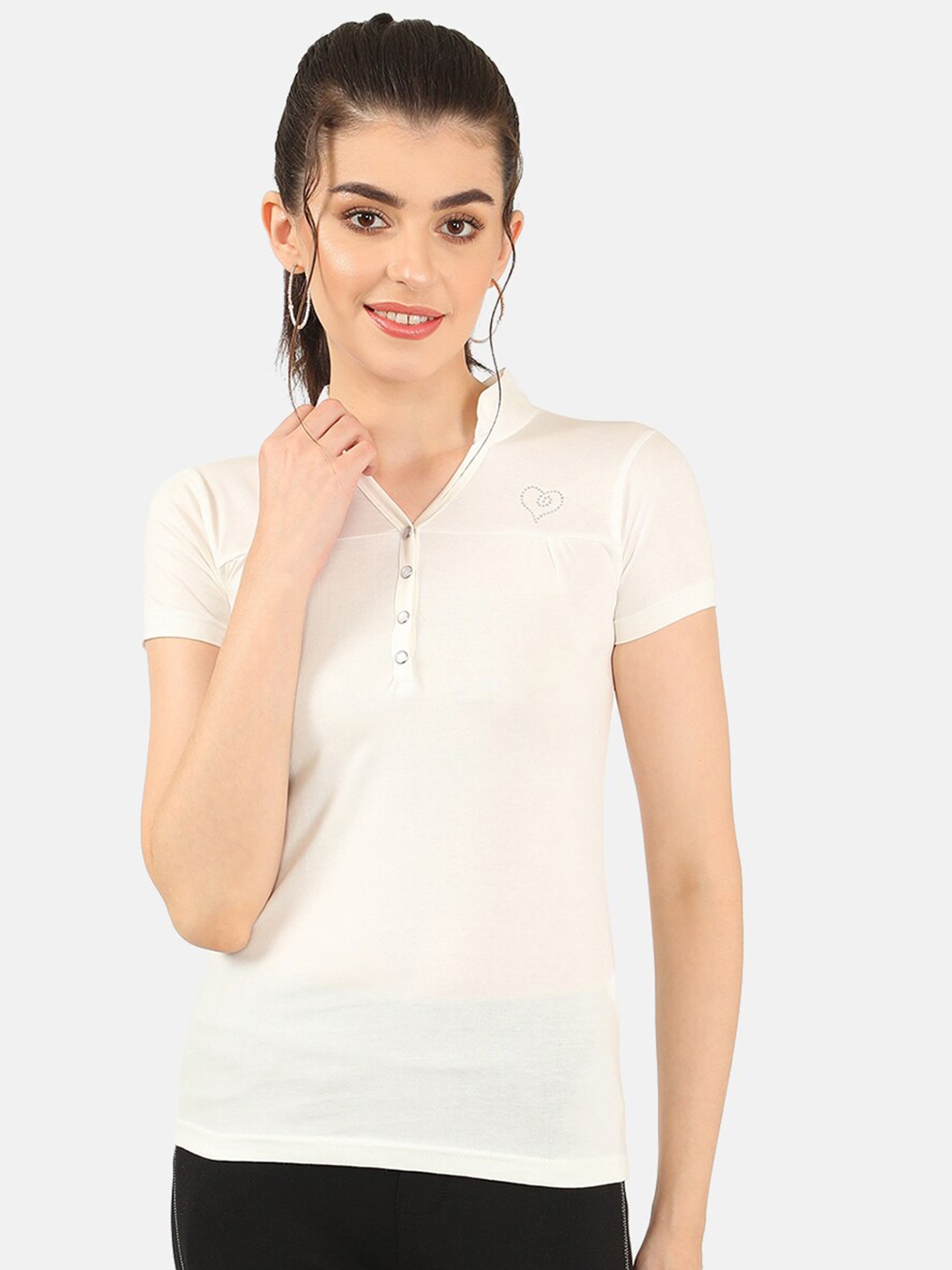 

V2 Value & Variety Women Off White Mandarin Collar Top