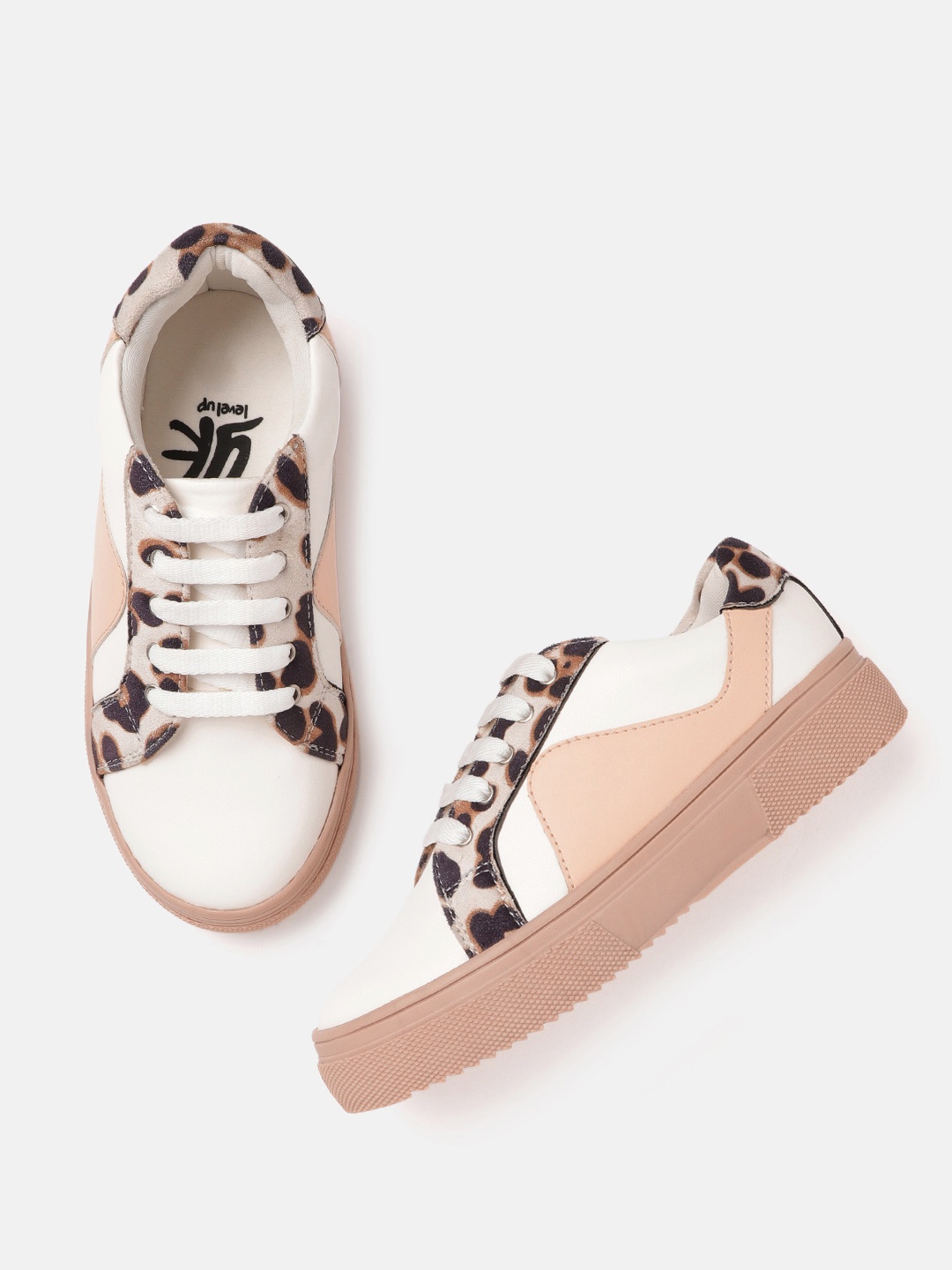 

YK Boys Off-White & Peach-Coloured Colourblocked Sneakers with Leopard Print Detail