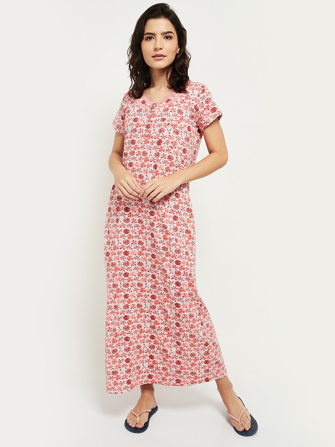

max Women Peach Printed Maxi Nightdress