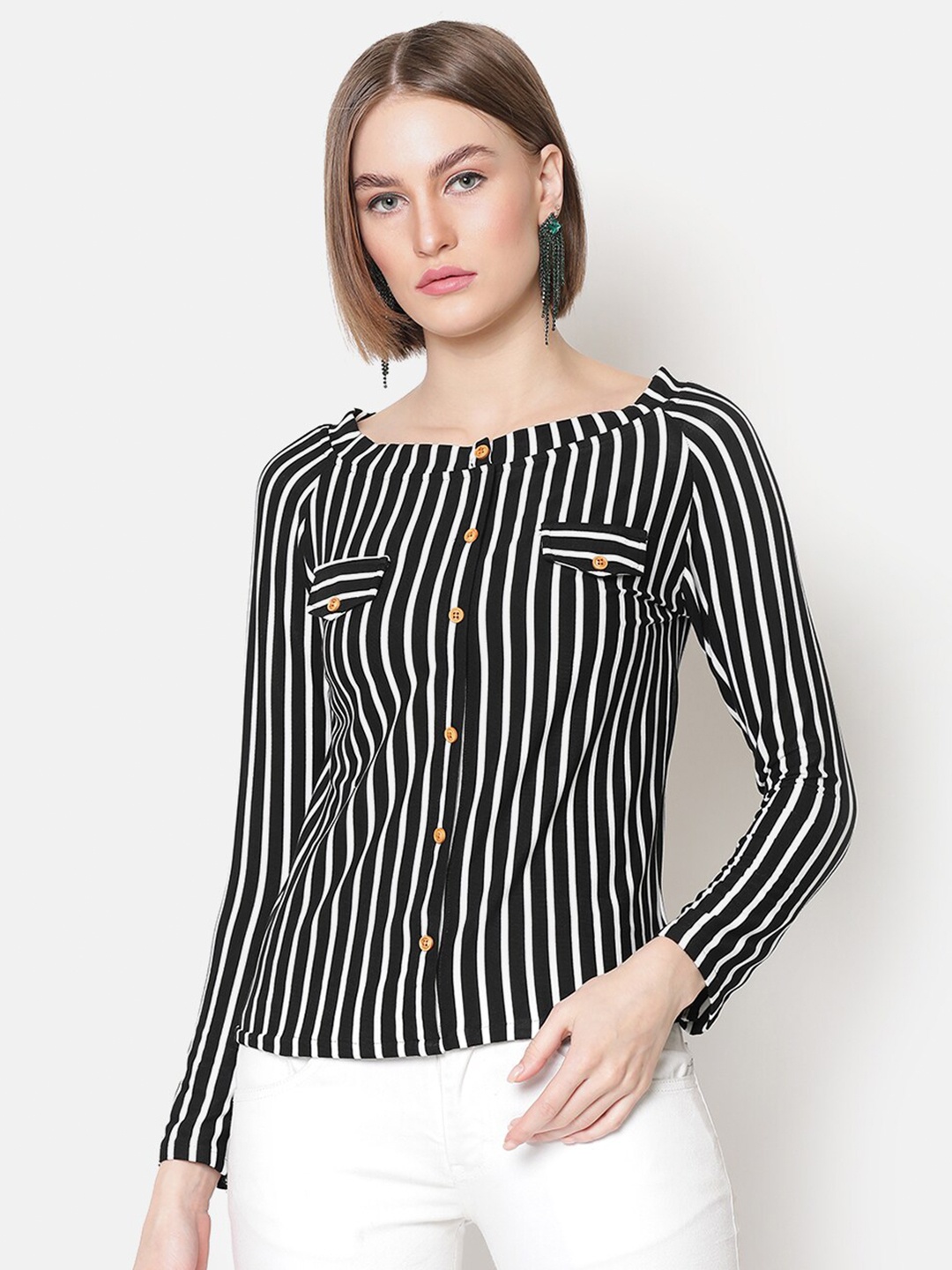 

V2 Value & Variety Women Black And White Striped Regular Top