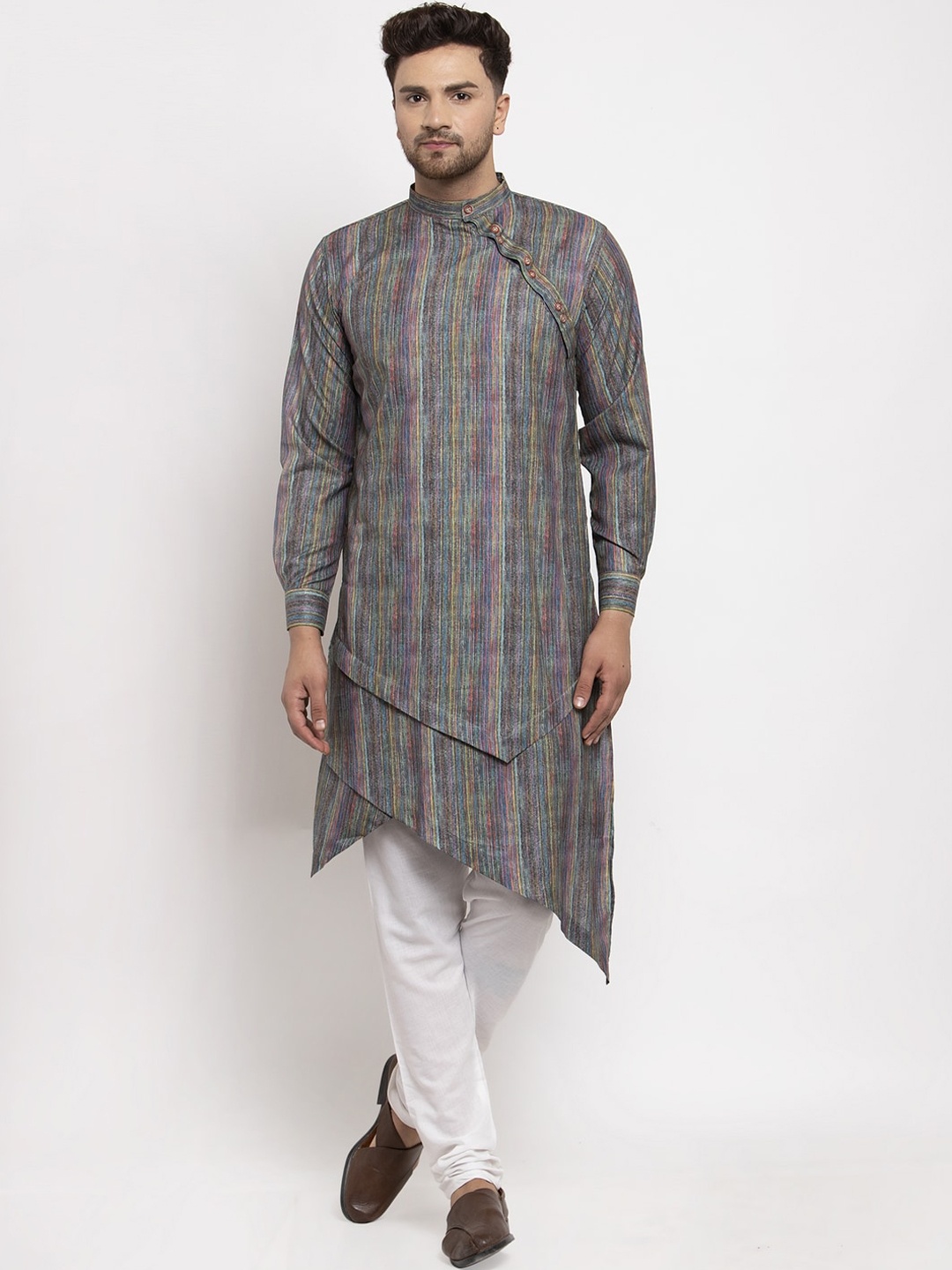 

KLOTTHE Men Grey And Yellow Striped Asymmetric Kurta