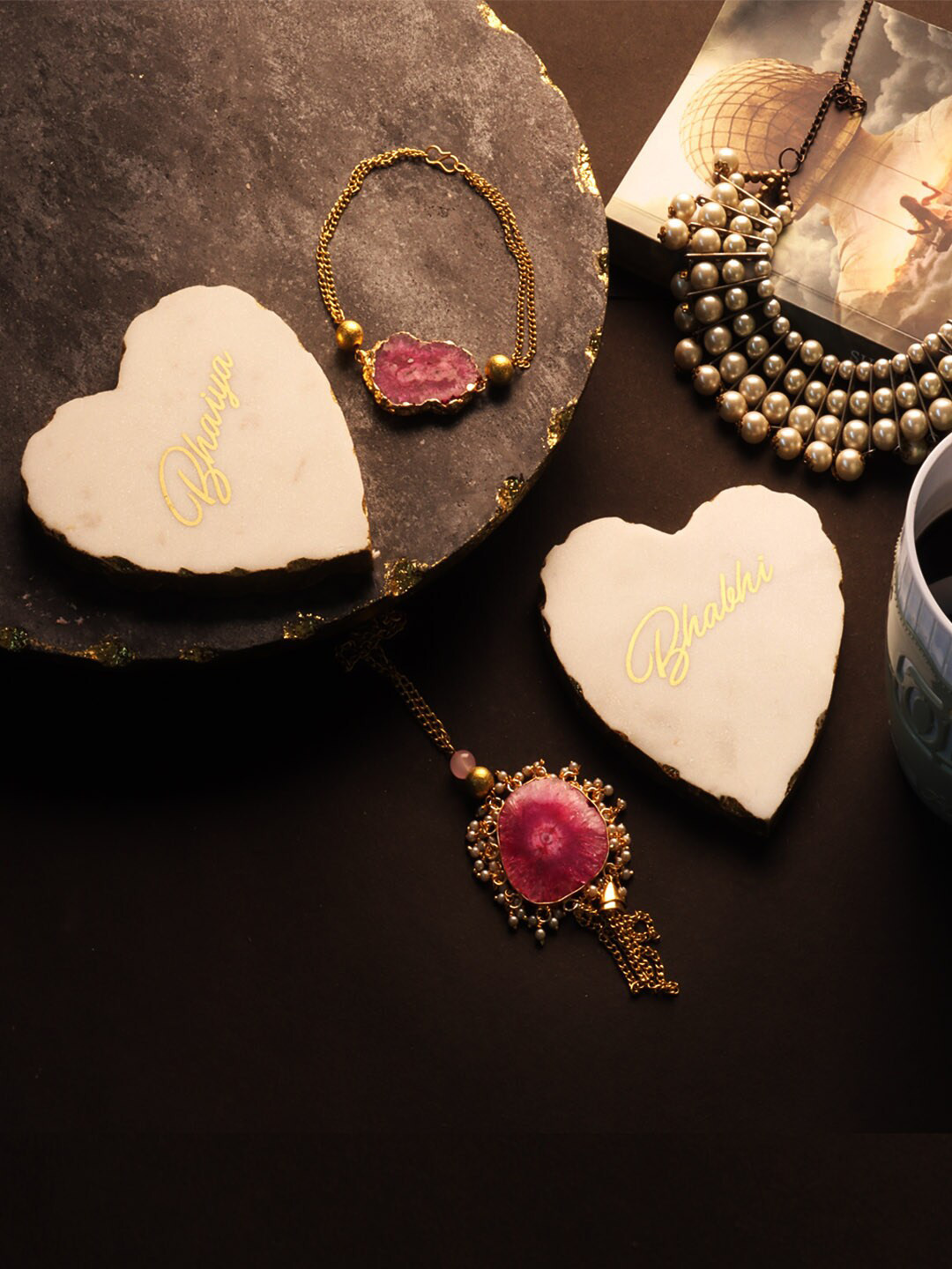 

NikkisPride White Handmade Agate Rakhi Gift with Marble Heart Shape Coaster