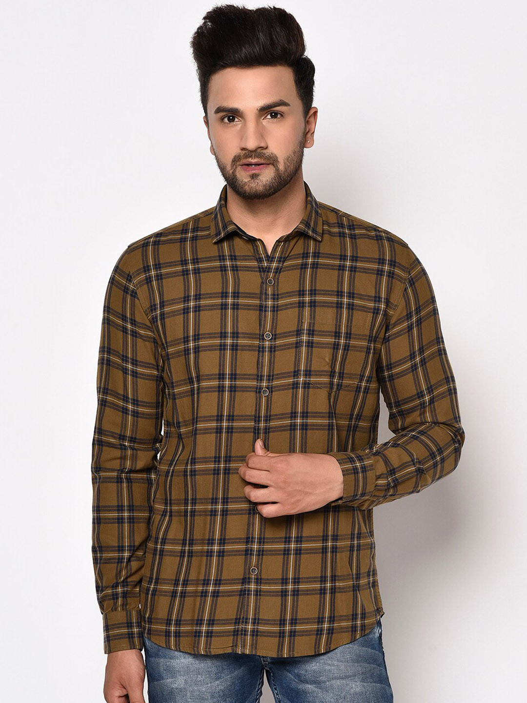 

METTLE Men Brown Checked Casual Shirt