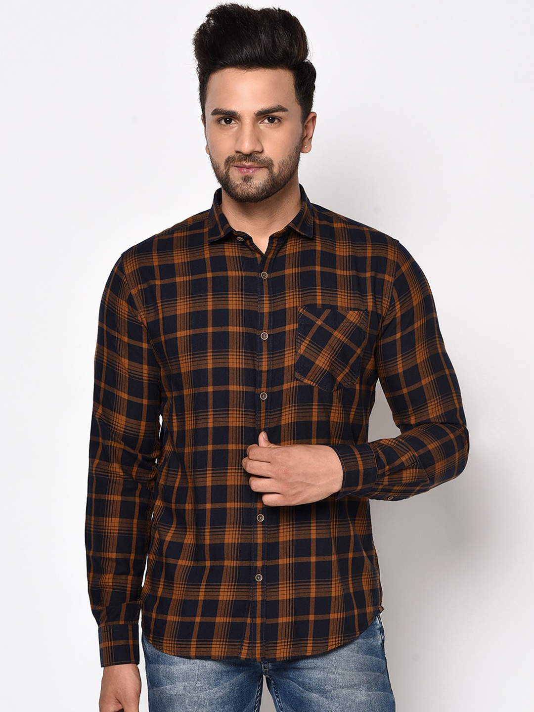 

METTLE Men Mustard Yellow & Navy Blue Checked Cotton Casual Shirt