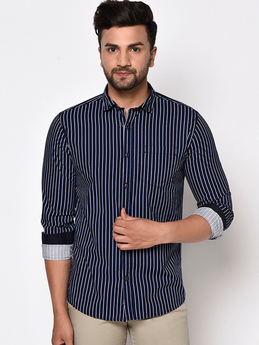 

METTLE Men Blue Striped Casual Shirt