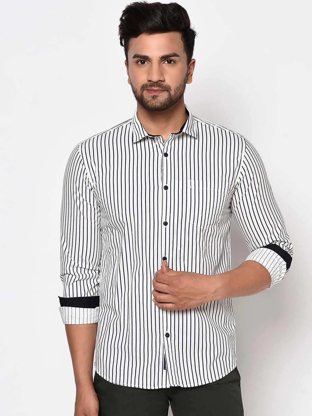 

METTLE Men White Striped Casual Shirt