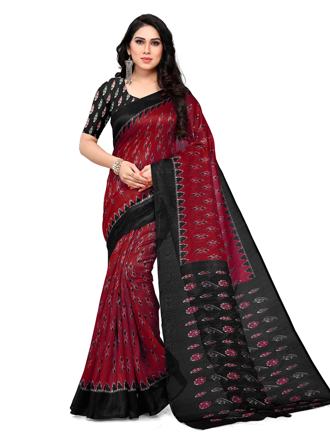 

KALINI Red & Black Art Silk Ikat Saree