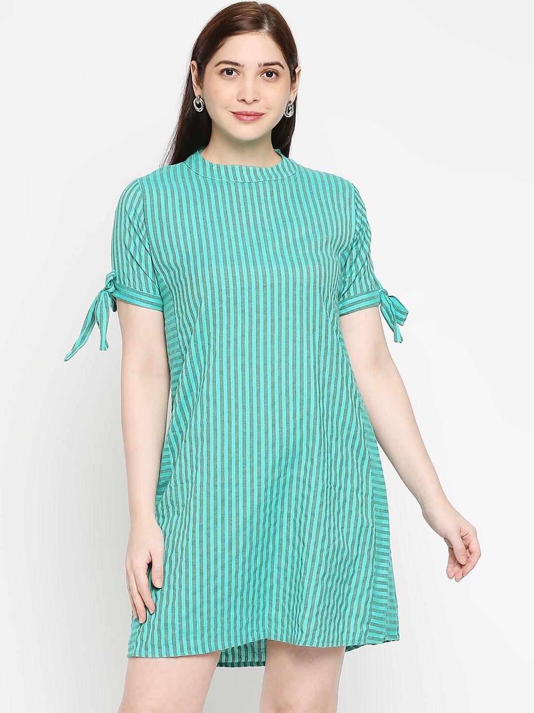 

Kuber Studio Women Green Striped Bow Detail A-Line Dress