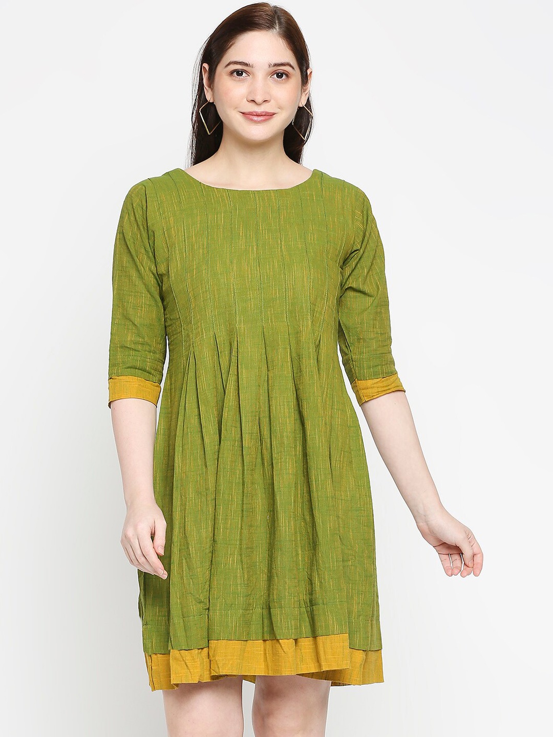 

Kuber Studio Women Olive Green & Mustard Self Designed A-Line Dress