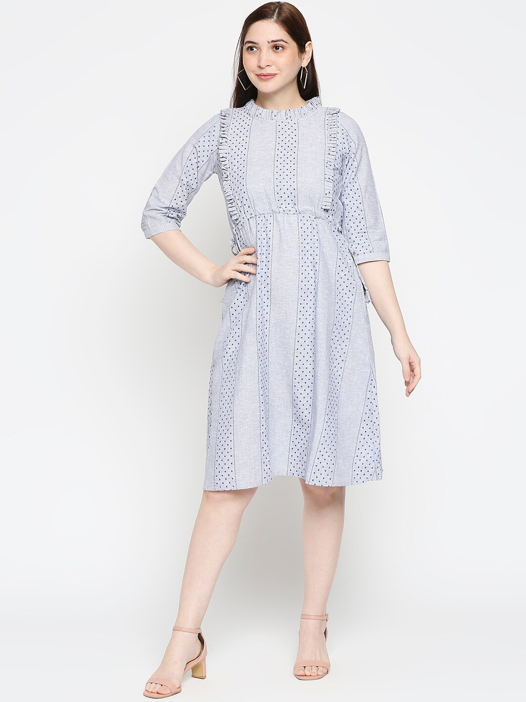 

Kuber Studio Grey Polka Dots Printed Ruffles Cotton Fit & Flare Dress