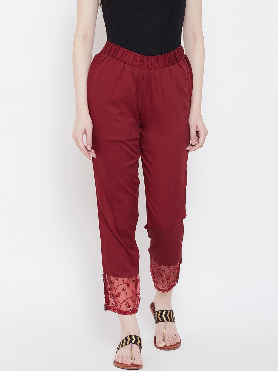 

Be Indi Women Maroon Tapered Fit Cotton Cropped Cigerette Trousers