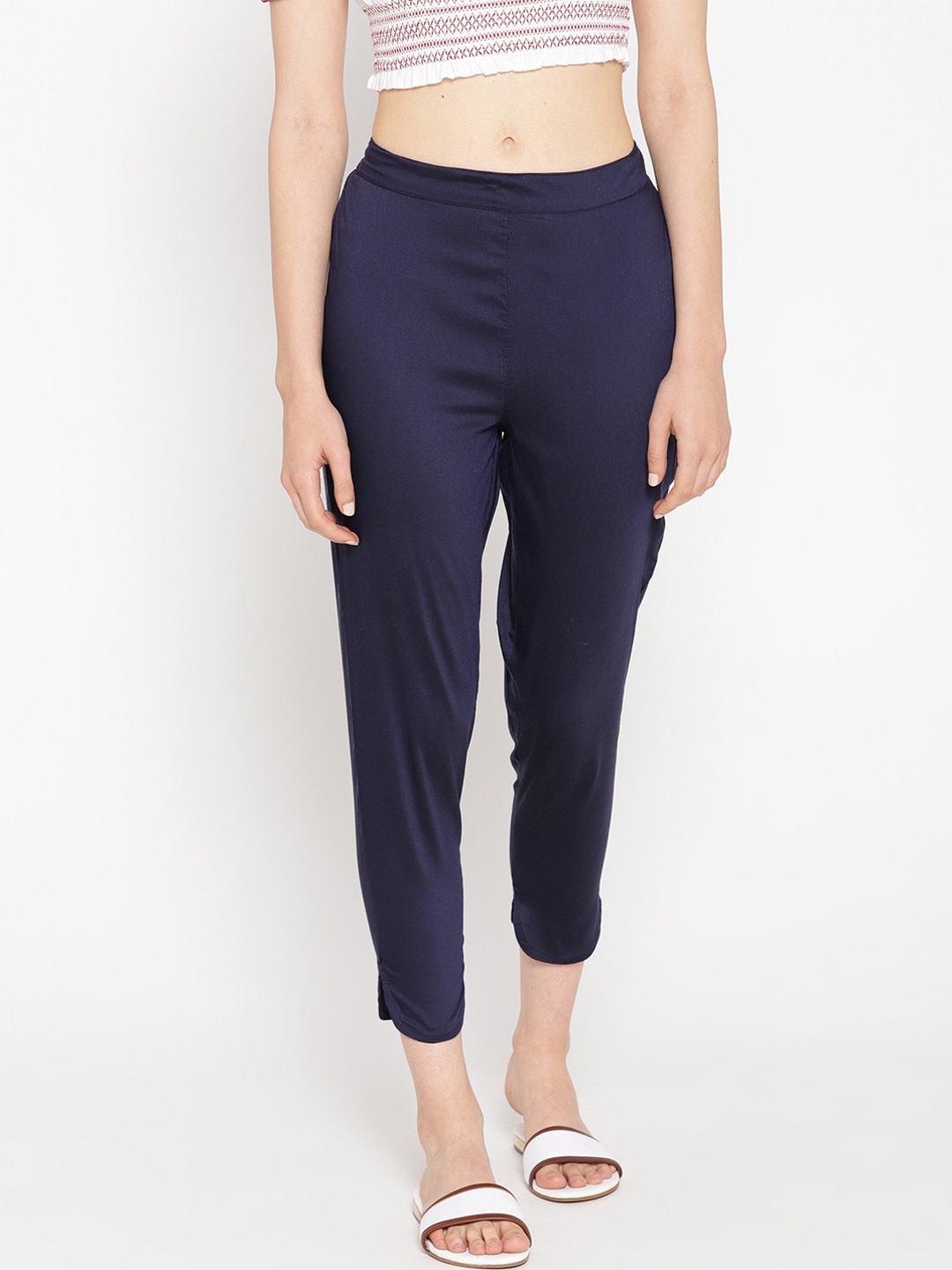 

Be Indi Women Navy Blue Straight Fit Cropped Trousers