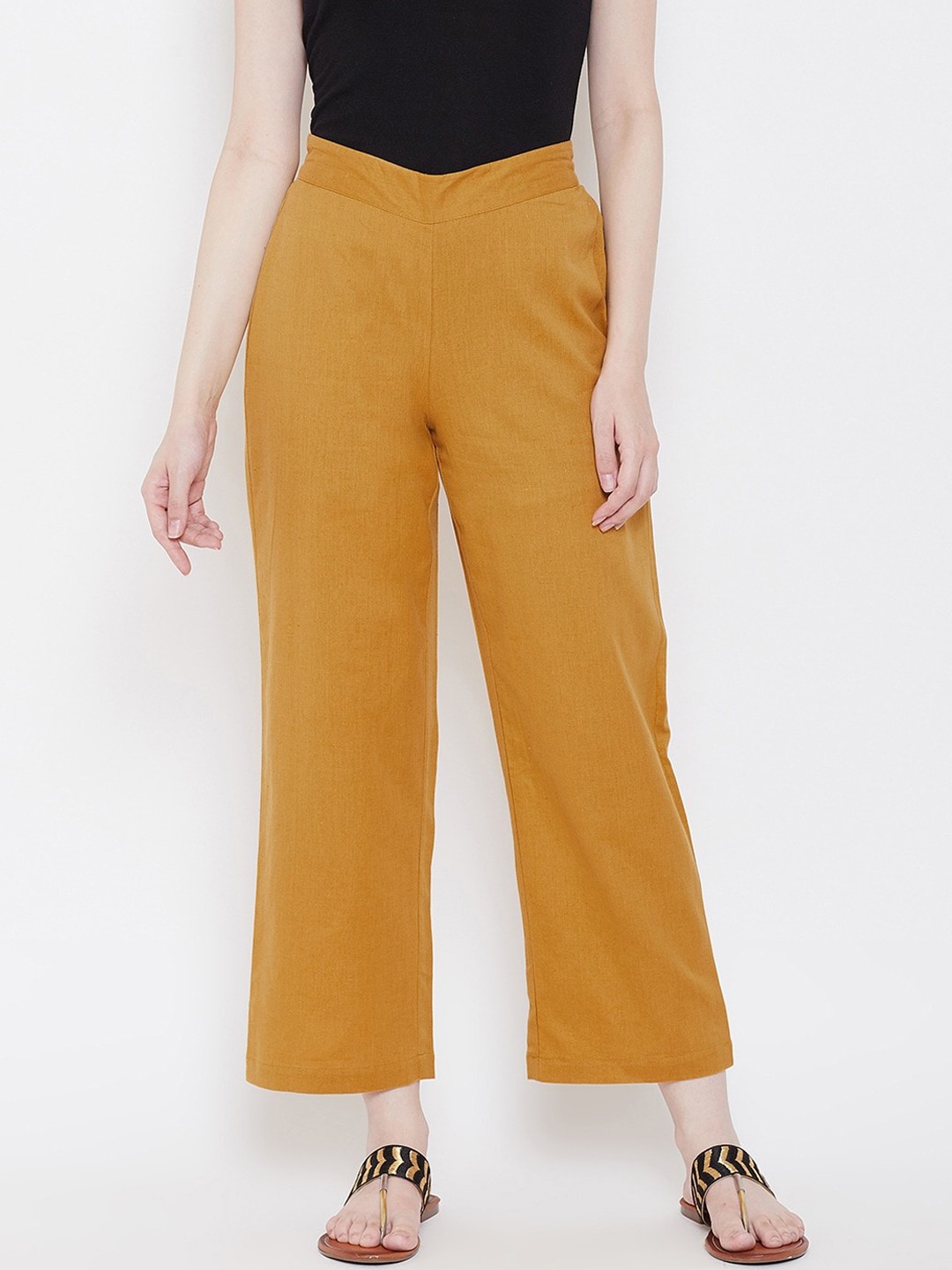 

Be Indi Women Mustard Yellow Solid Straight Fit Trousers