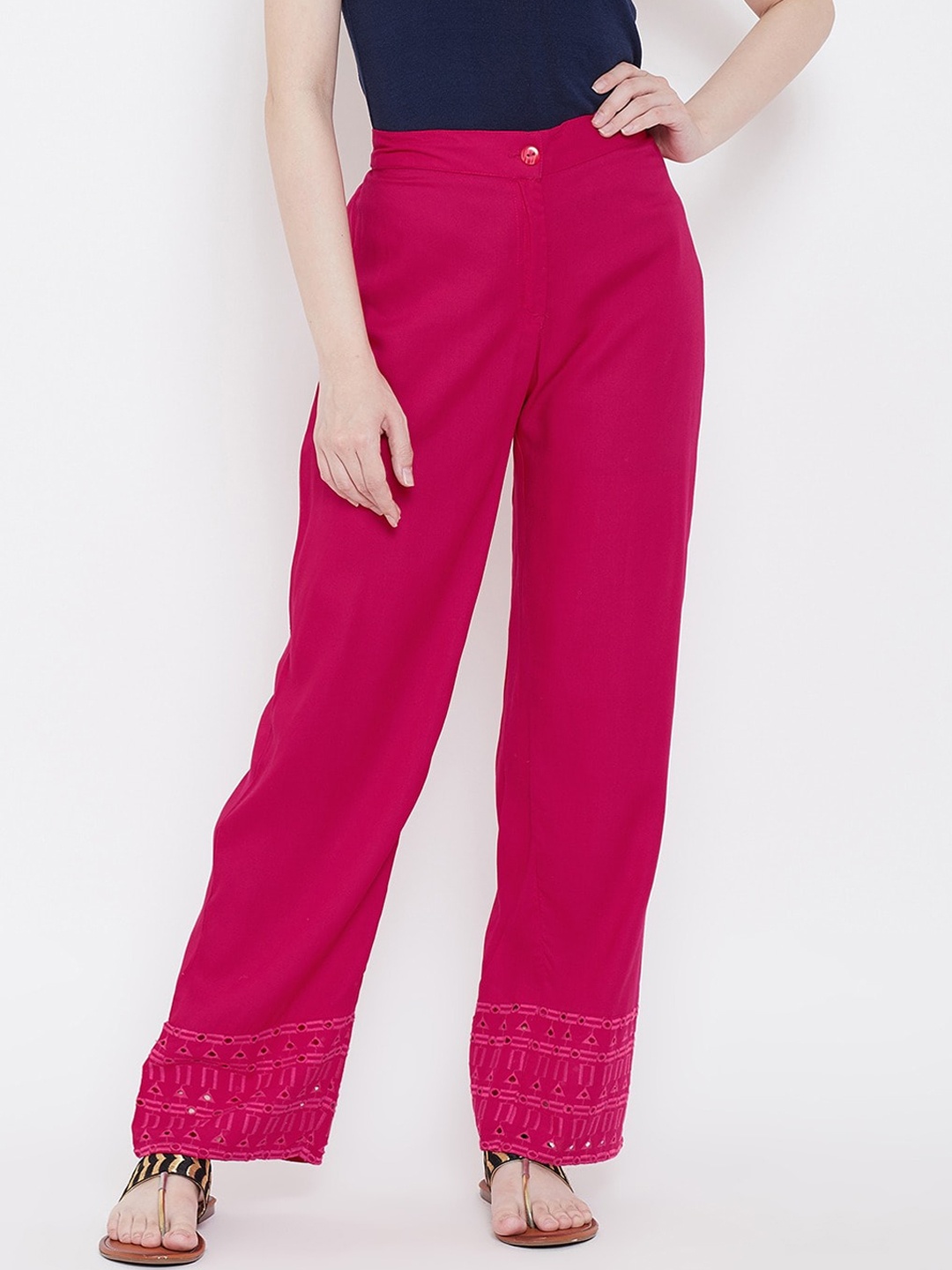 

Be Indi Women Fuchsia Embroidered Straight Fit Trousers