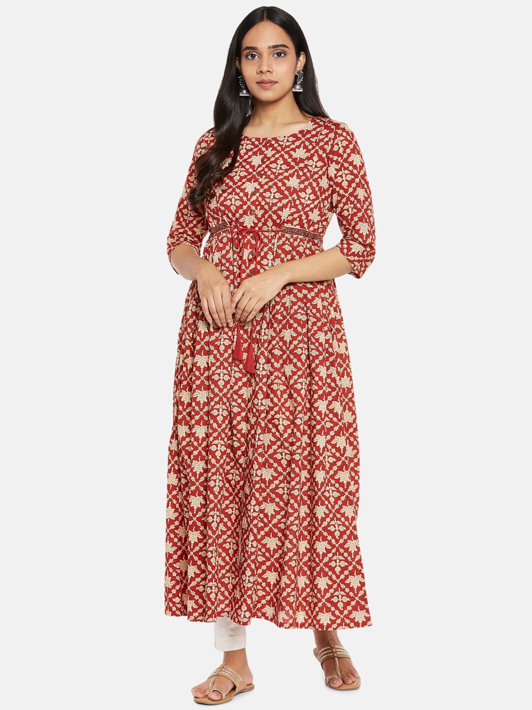 

RANGMANCH BY PANTALOONS Women Red & Beige Ethnic Motifs Printed Anarkali Kurta