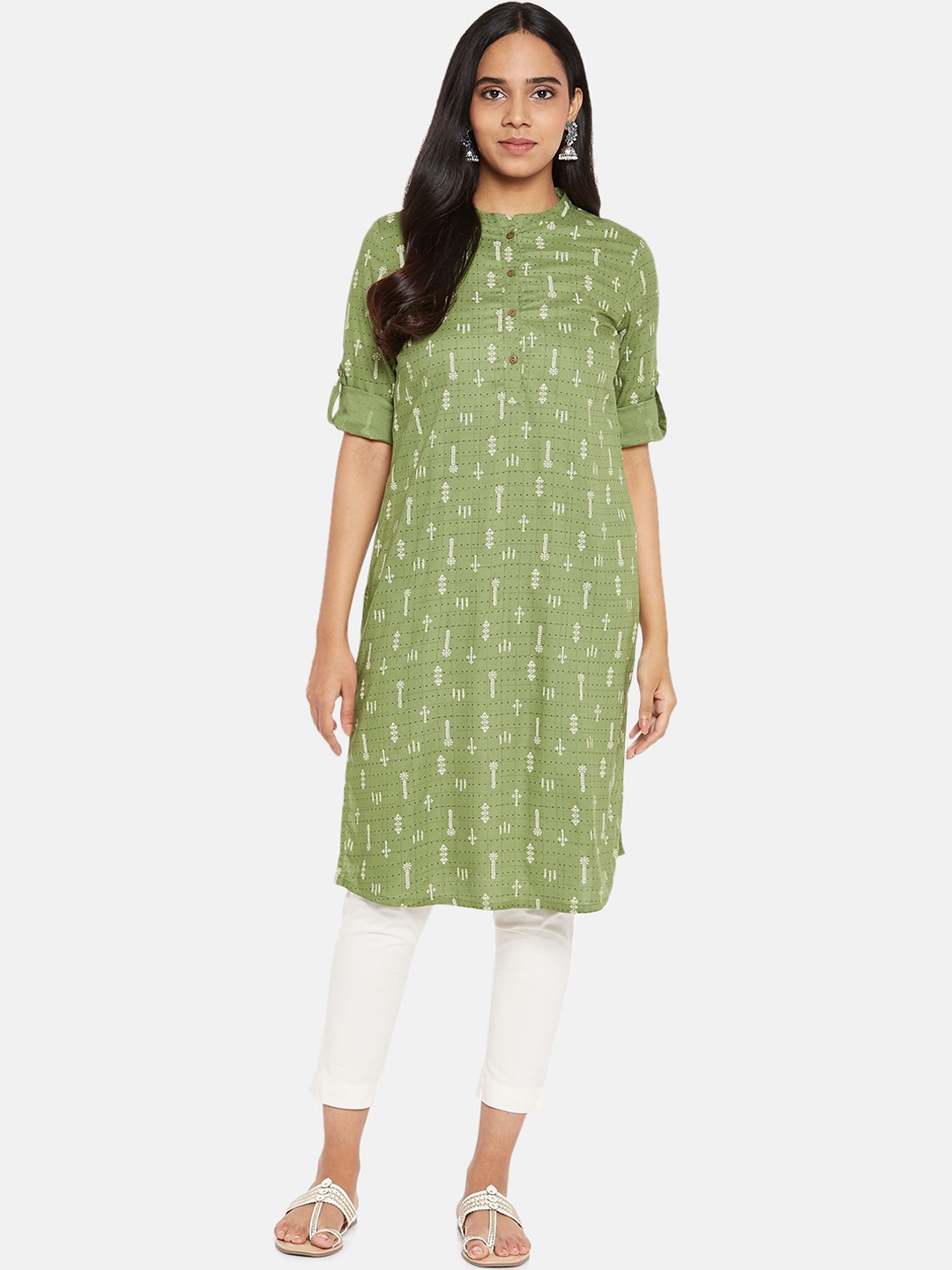 

RANGMANCH BY PANTALOONS Women Olive Green Printed Pathani Kurta