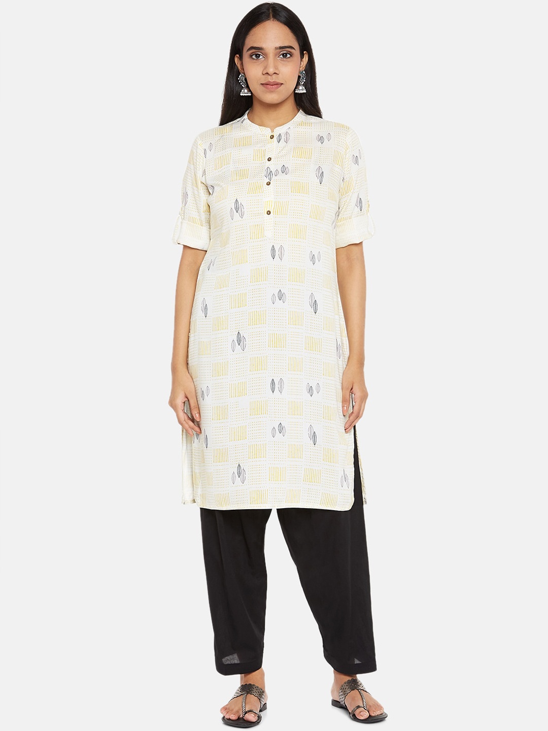 

RANGMANCH BY PANTALOONS Women Yellow & White Floral Printed Straight Kurta