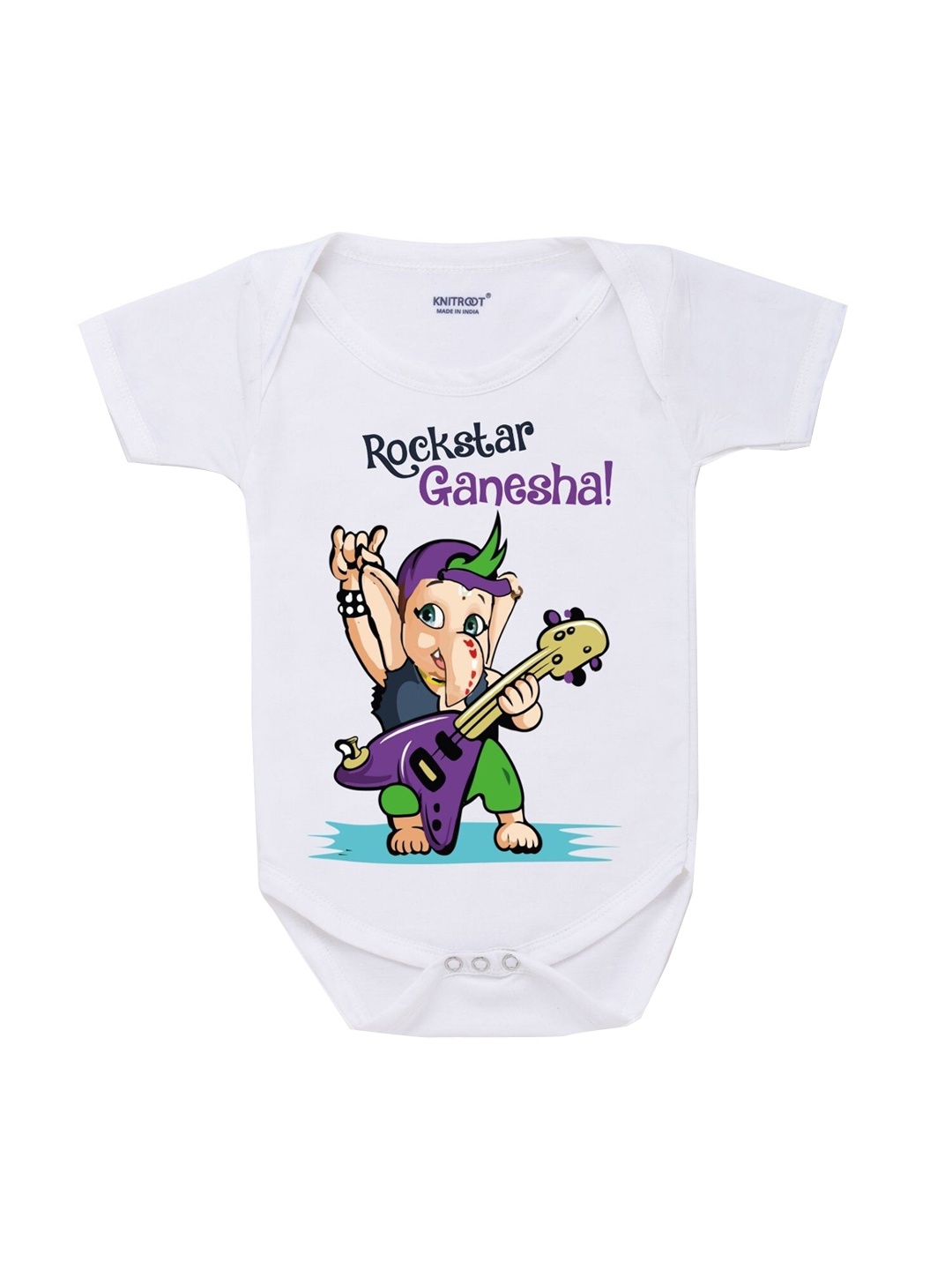 

KNITROOT Kids White Rockstar Ganesha Rompers