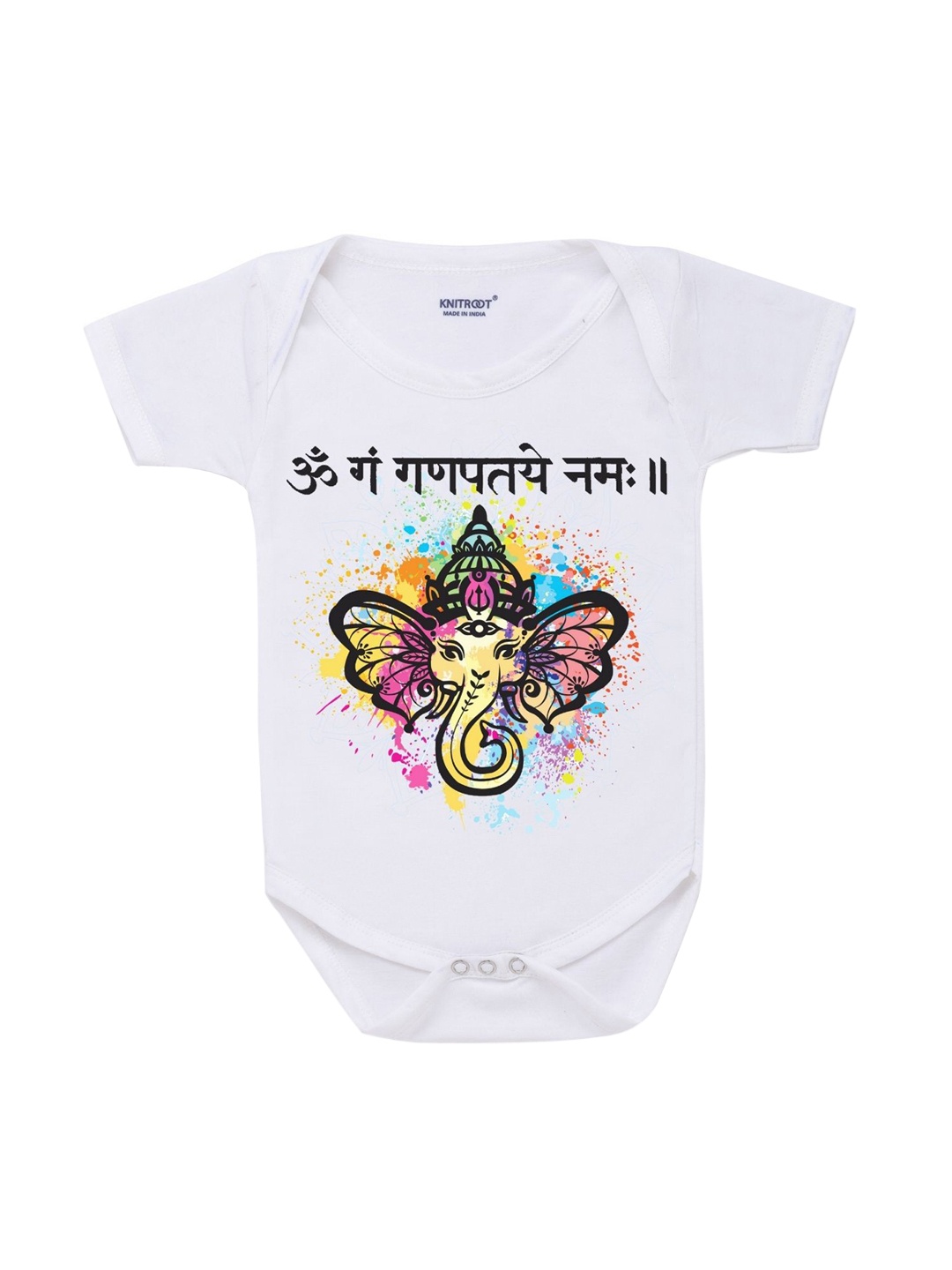 

KNITROOT Kids White Ganpataye Namah Rompers