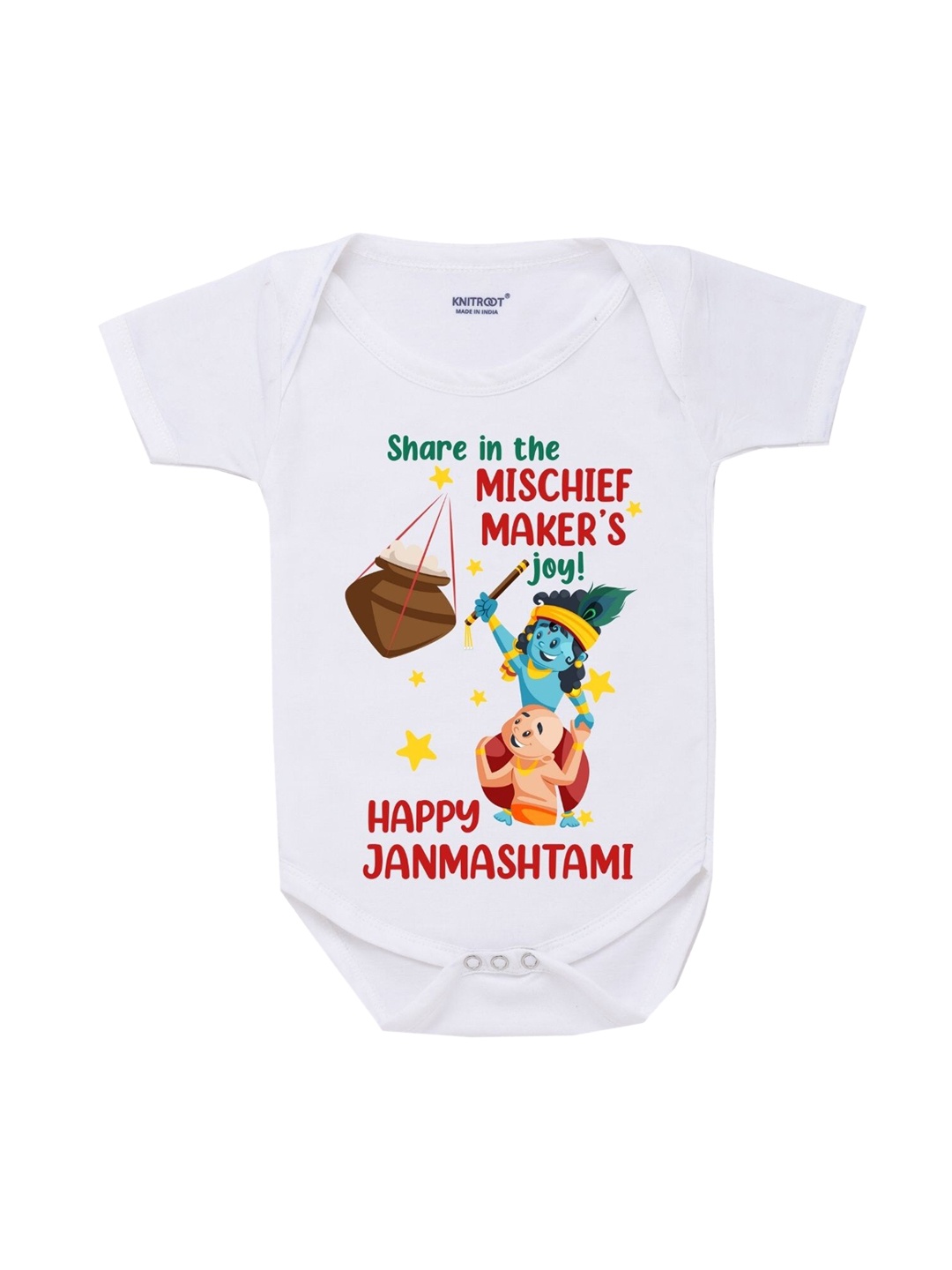 

KNITROOT Kids White Happy Janmashtami Rompers