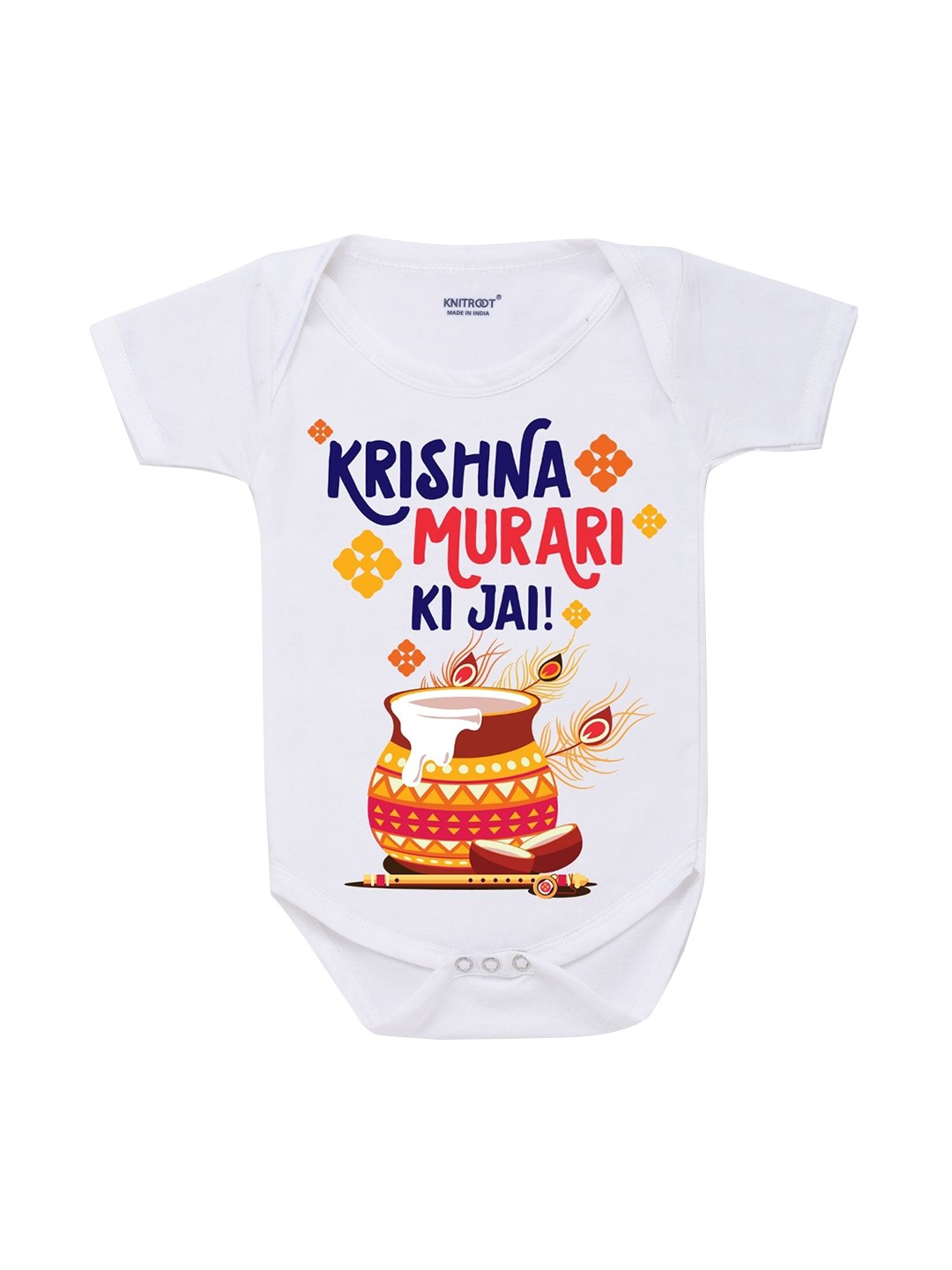 

KNITROOT Infant Kids White Krishna Ki Jai Printed Cotton Bodysuit