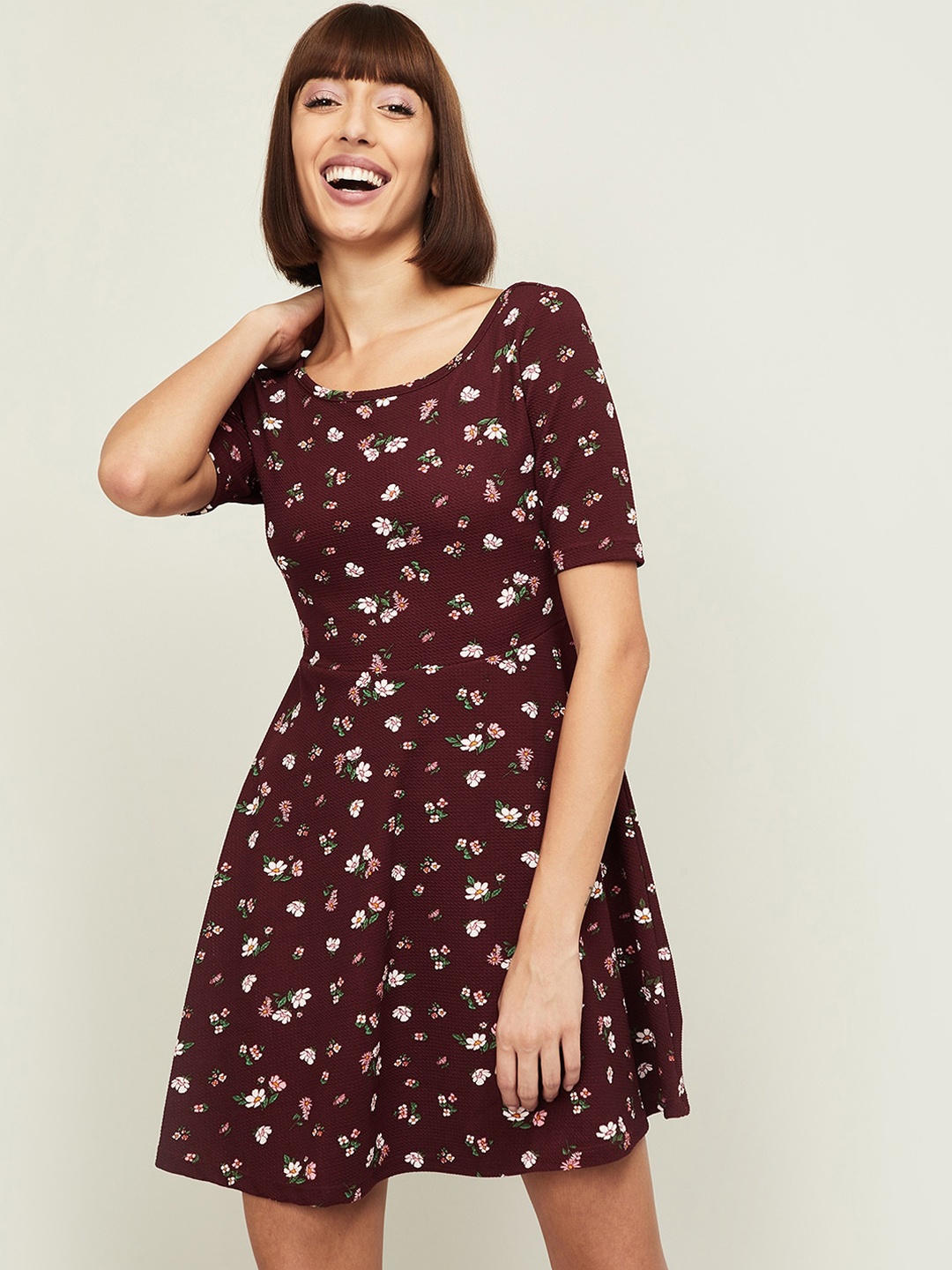 

Ginger by Lifestyle Burgundy & White Floral Printed Fit & Flare Dress