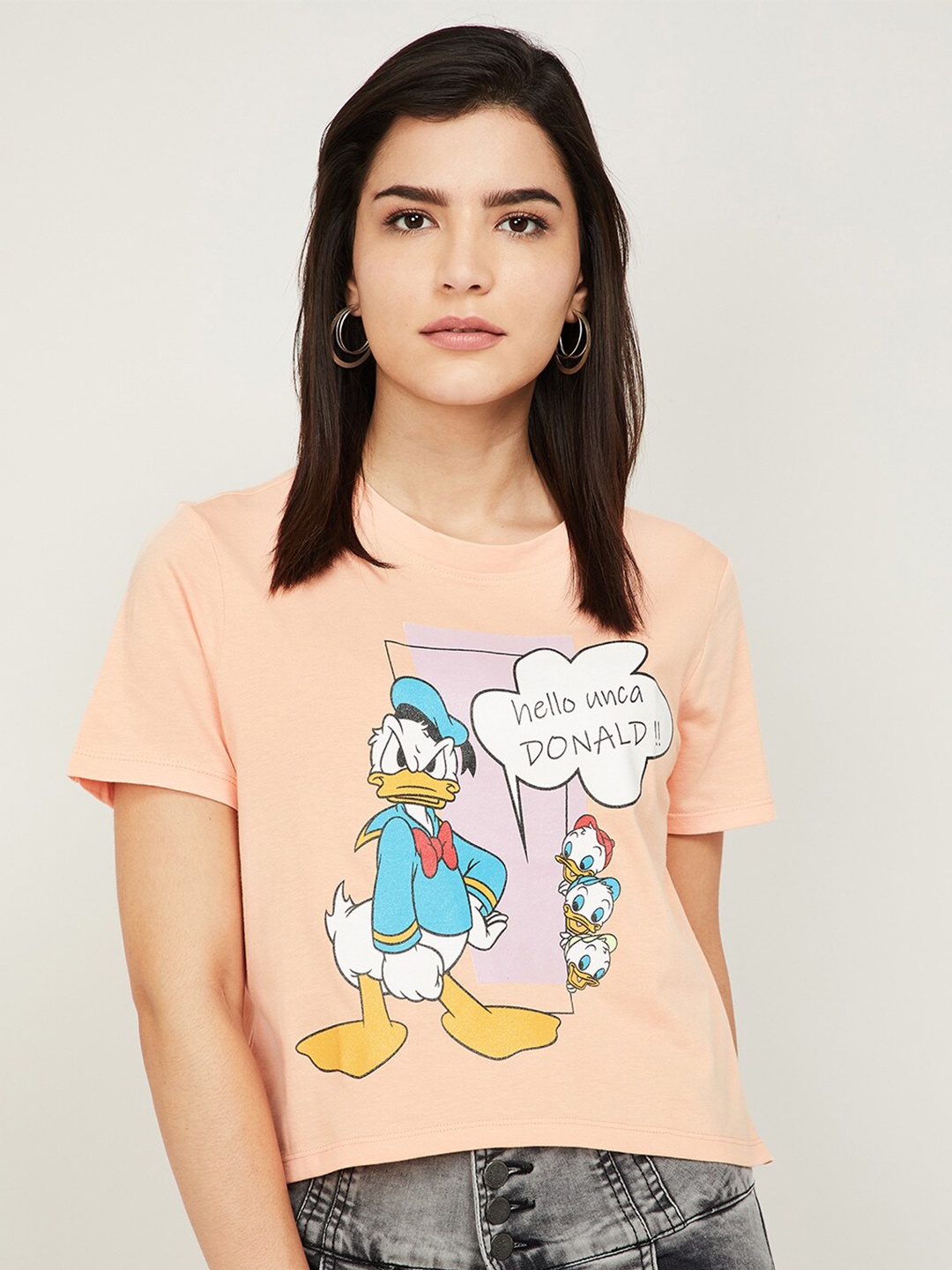 

Ginger by Lifestyle Women Peach-Coloured Donald Duck Printed T-shirt