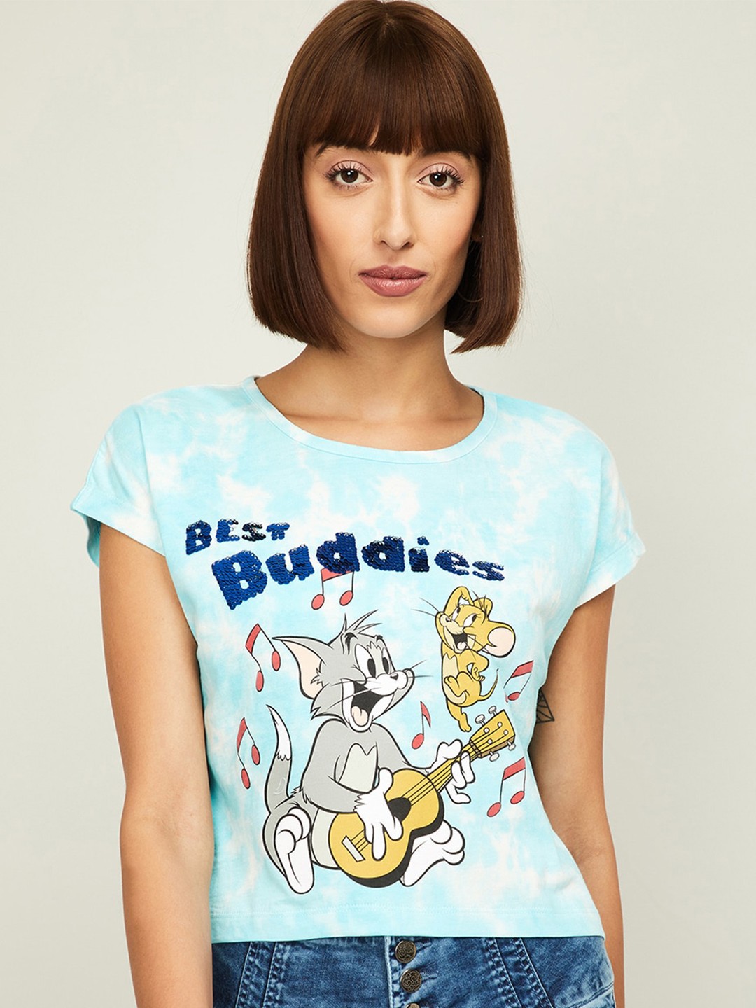 

Ginger by Lifestyle Women Blue Printed Pure Cotton T-shirt