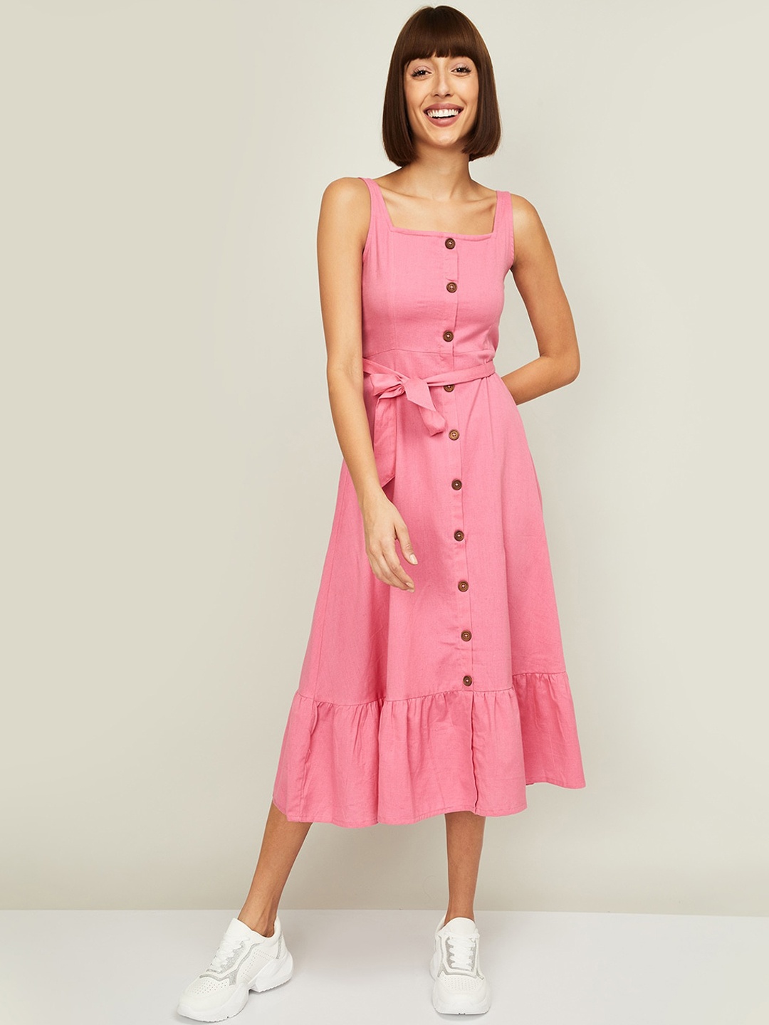 

Ginger by Lifestyle Women Pink Solid A-Line Midi Dress With Waist Tie-Up Belt