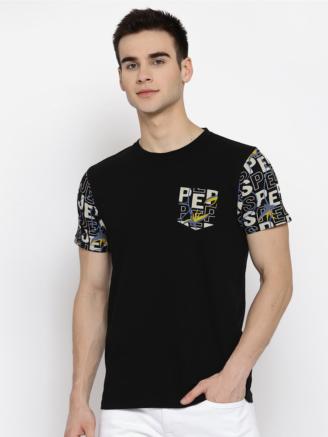 

Pepe Jeans Men Black Printed Slim Fit Pure Cotton T-shirt