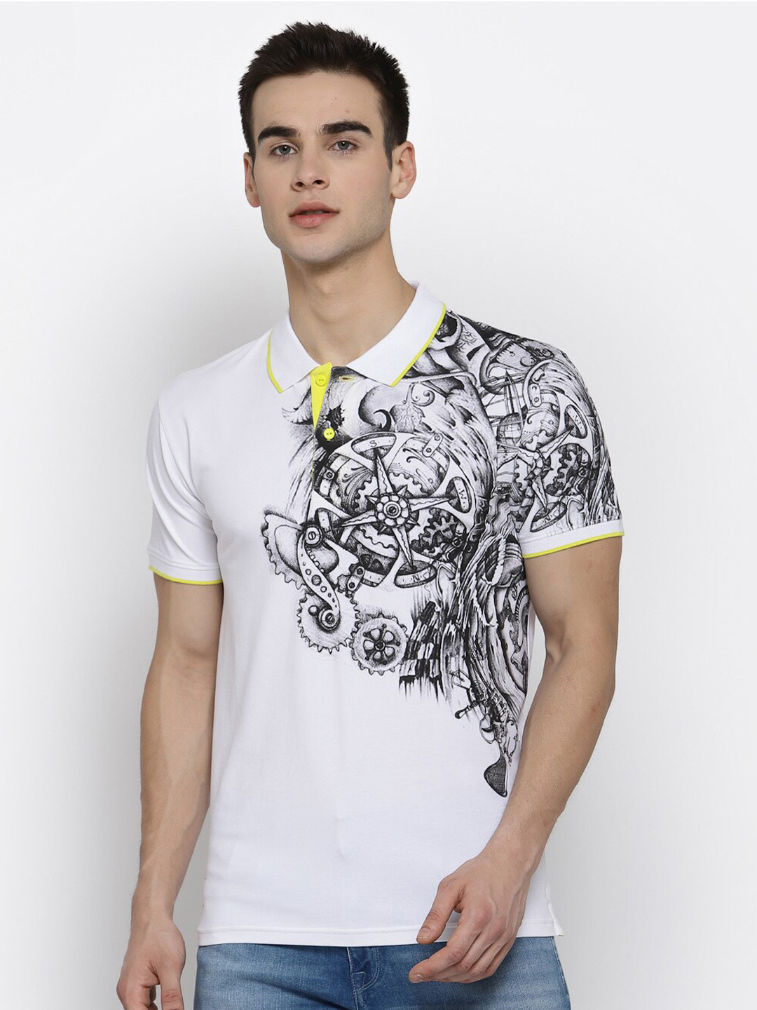 

Pepe Jeans Men White & Black Graphic Printed Polo Collar T-shirt