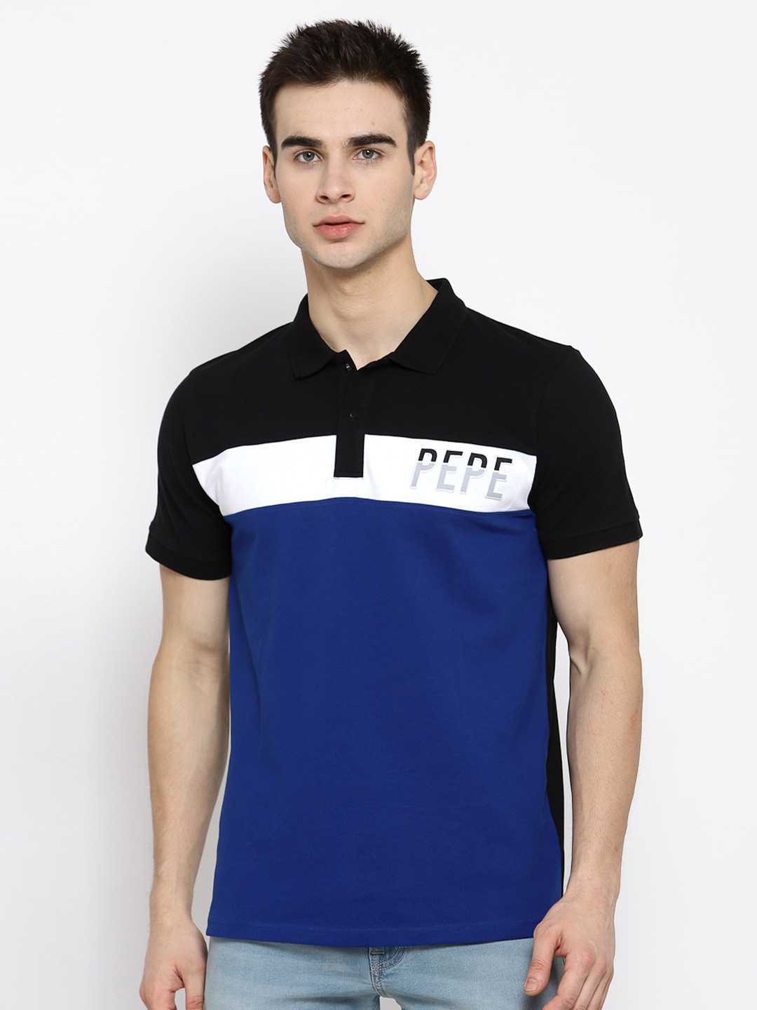 

Pepe Jeans Men Blue & Black Colourblocked Polo Collar Applique T-shirt