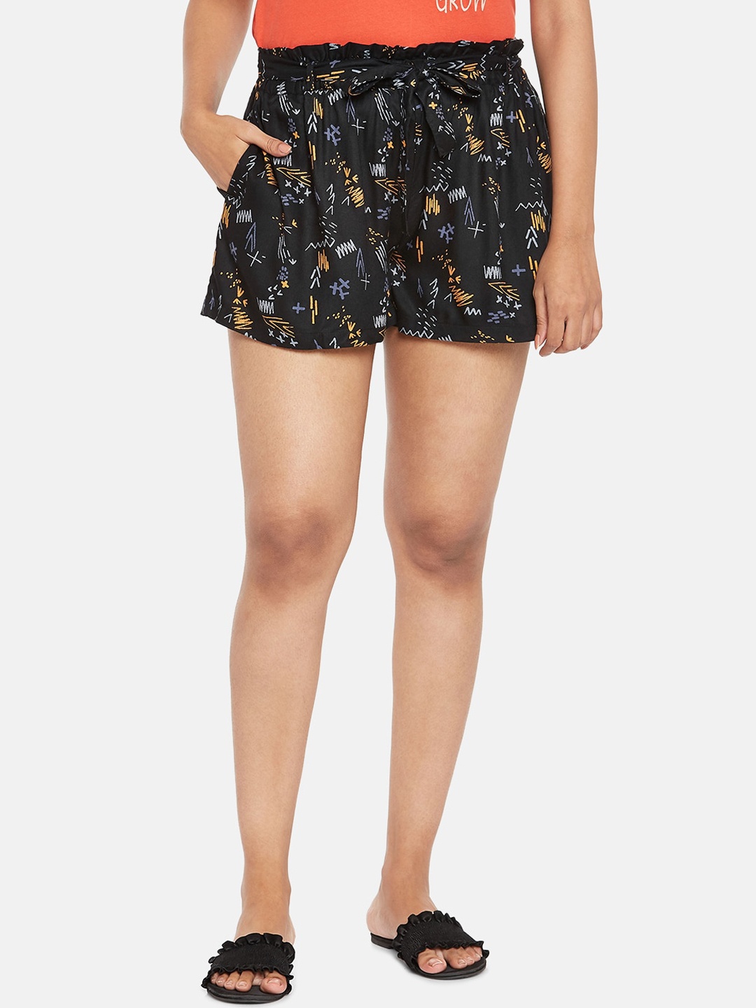

People Women Black Printed High-Rise Regular Shorts