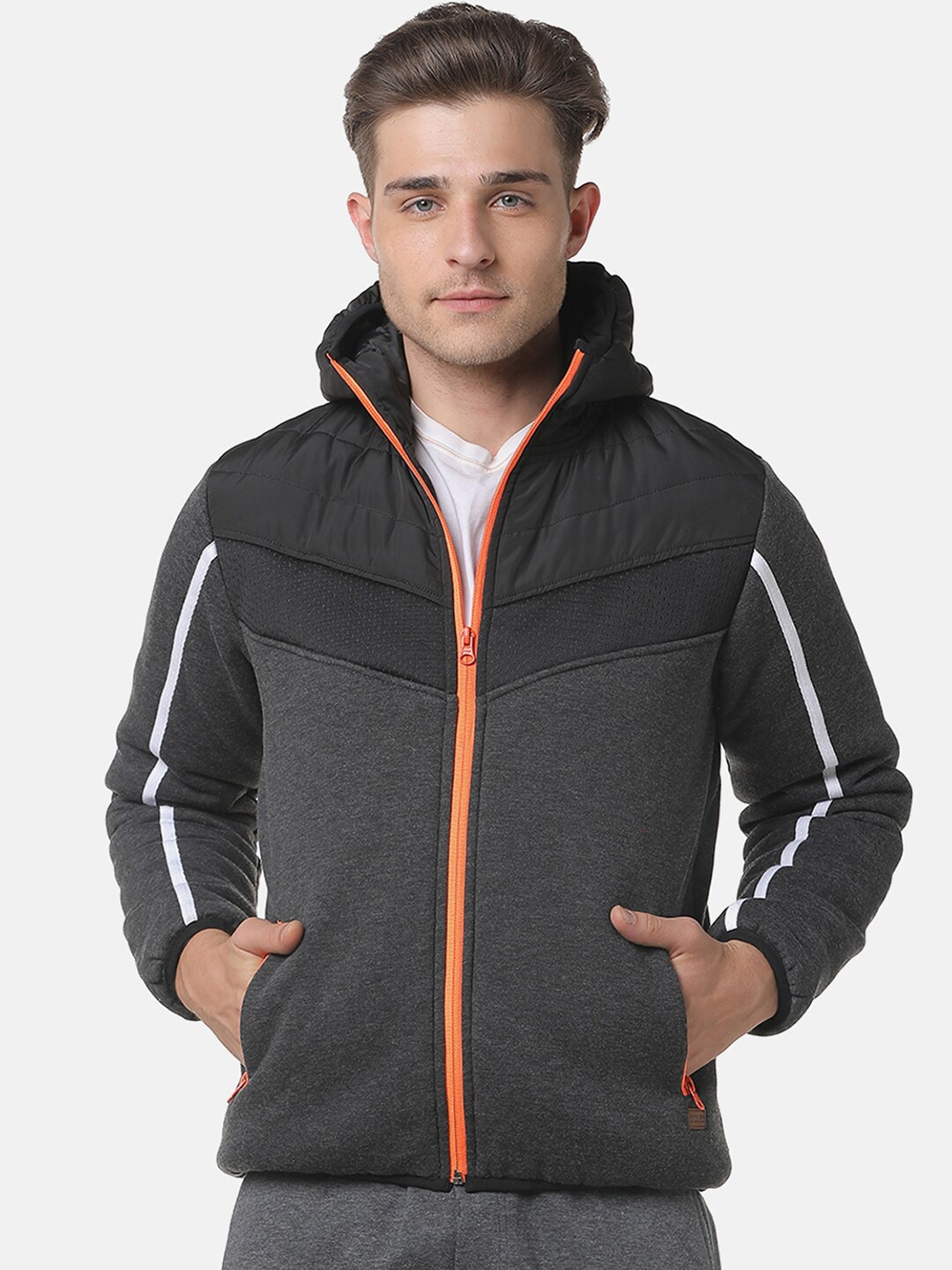 

Campus Sutra Men Charcoal Grey & Black Colourblocked Hooded Windcheater Padded Jacket