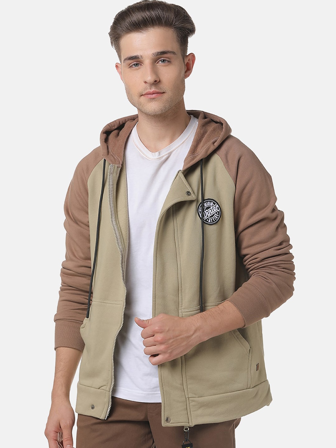 

Campus Sutra Men Olive Green & Brown Colourblocked Hooded Sweatshirt