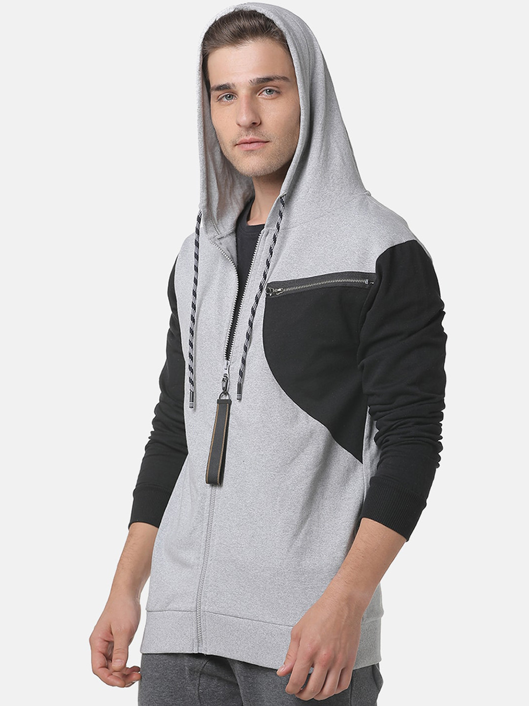 

Campus Sutra Men Grey & Black Colourblocked Hooded Cotton Front-Open Sweatshirt