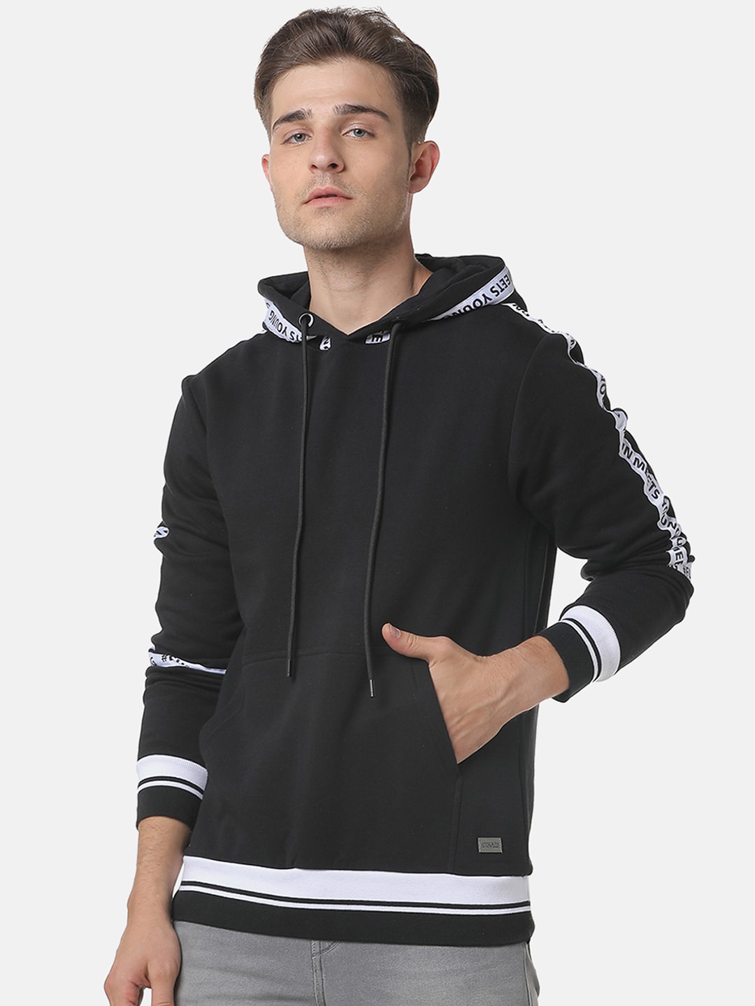 

Campus Sutra Men Black & White Colourblocked Hooded Pullover Sweatshirt