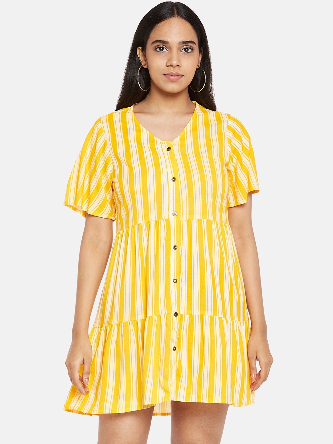 

People Mustard Yellow Striped A-Line Dress